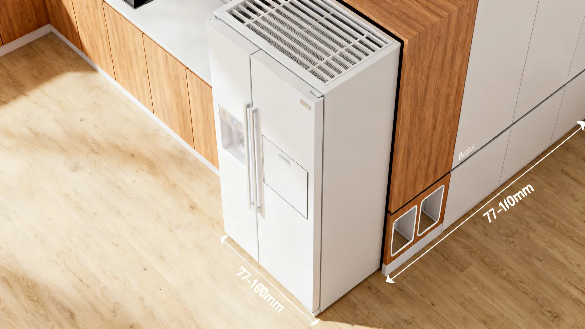 Top-down view of a tall cabinet with louvered top and side gaps enclosing a refrigerator.