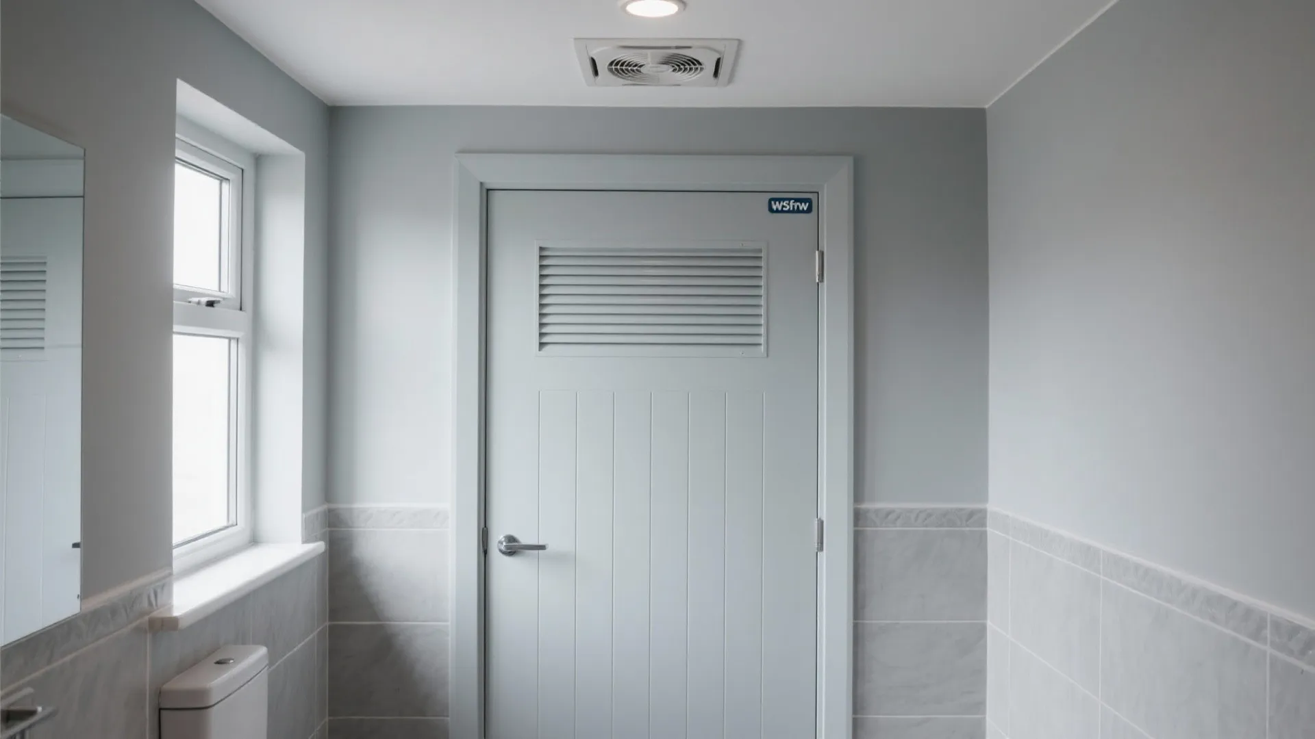 White bathroom interior featuring a ventilated door next to a window and a ceiling fan fixture