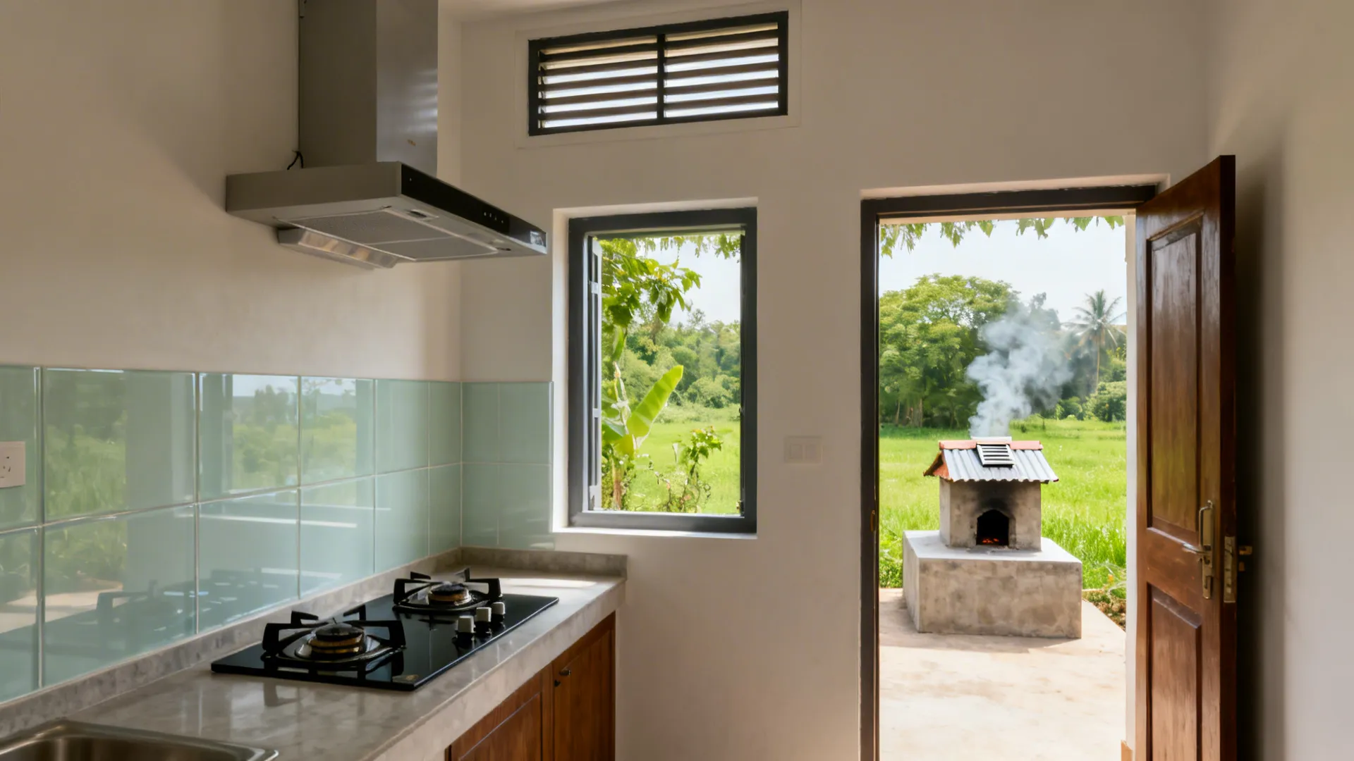 Hob under a window, exhaust fan and louver vent, with a separate verandah chulha for smokeless cooking.