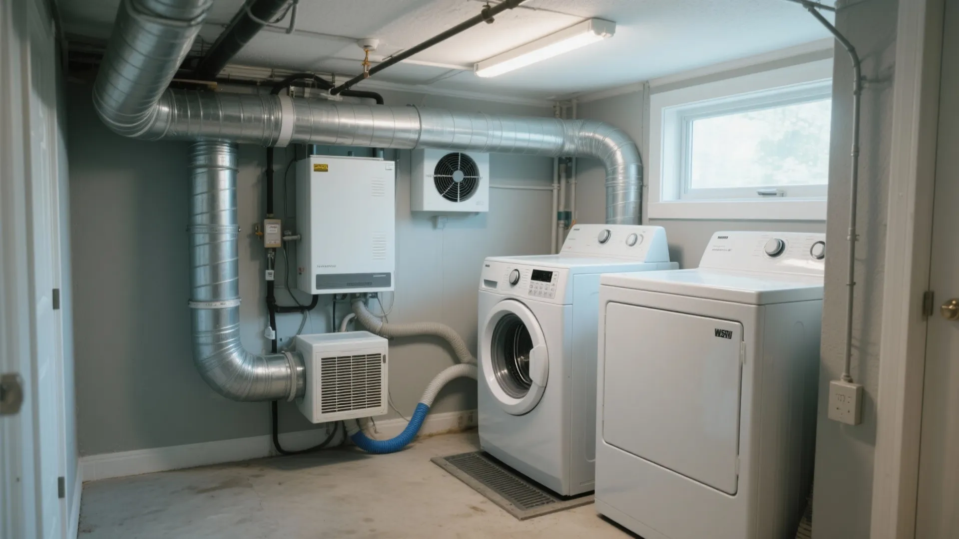 Basement laundry room with silver ventilation pipes, white washing machine, dryer, utility equipment, and small window