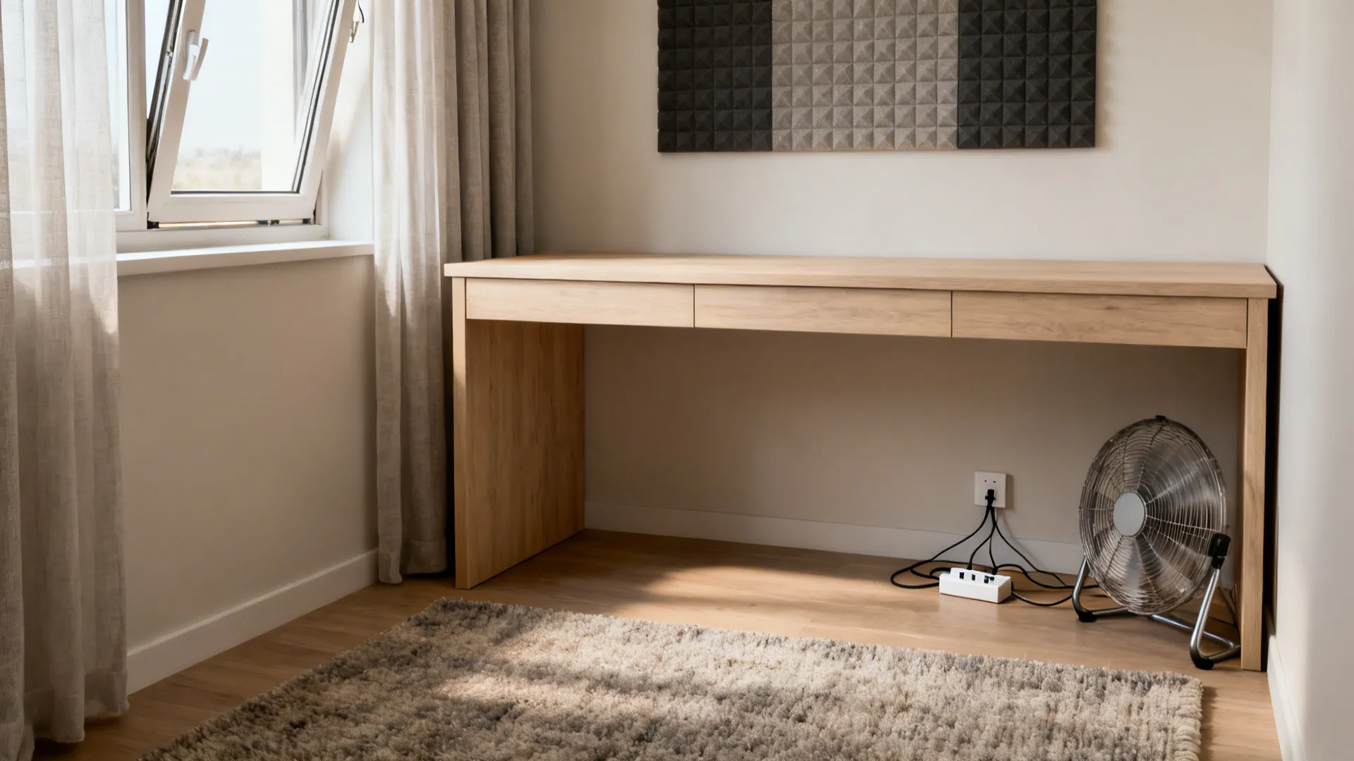 Quiet study with open window, sheer curtains, acoustic art, and tidy cabling under the desk.