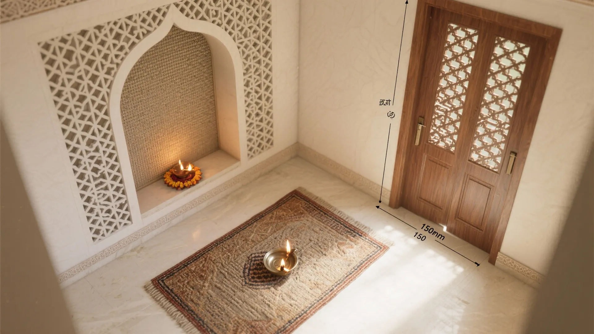 Small prayer room featuring white wall paneling wooden double doors floor rug and warm oil lamps