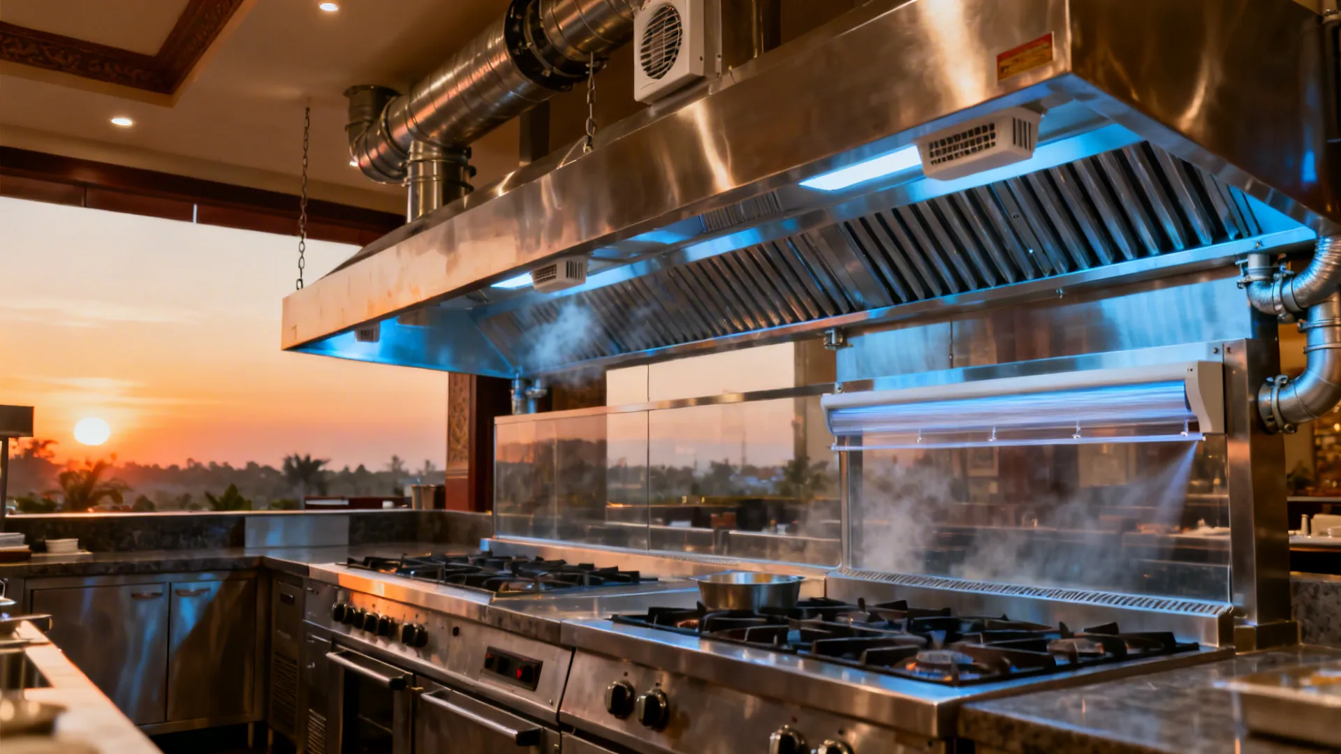 Hotel kitchen hot line with balanced make-up air, canopy hoods, and clean ducting.