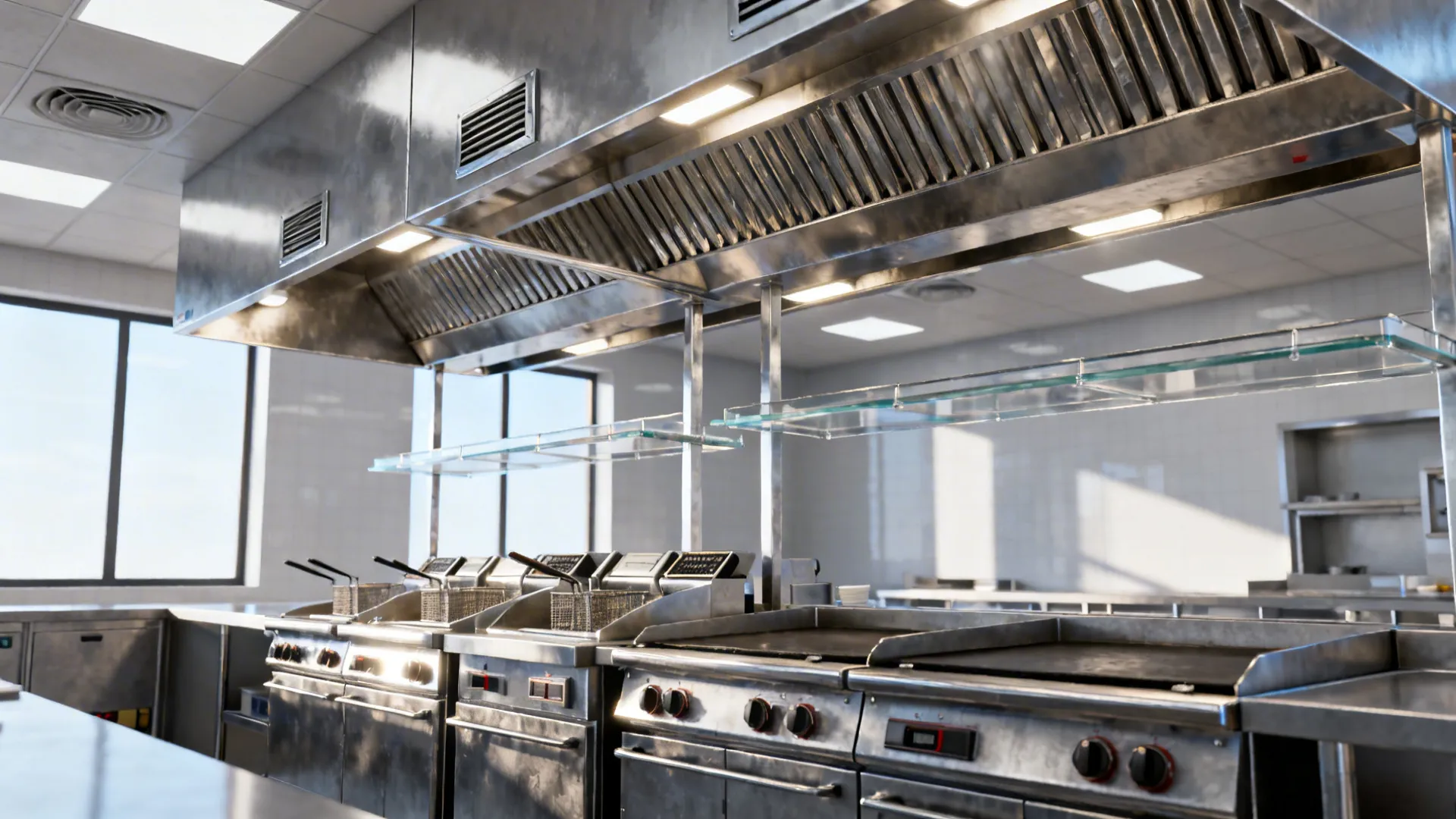 Compact cook line with a well-sized hood and make-up air diffusers for balanced airflow.