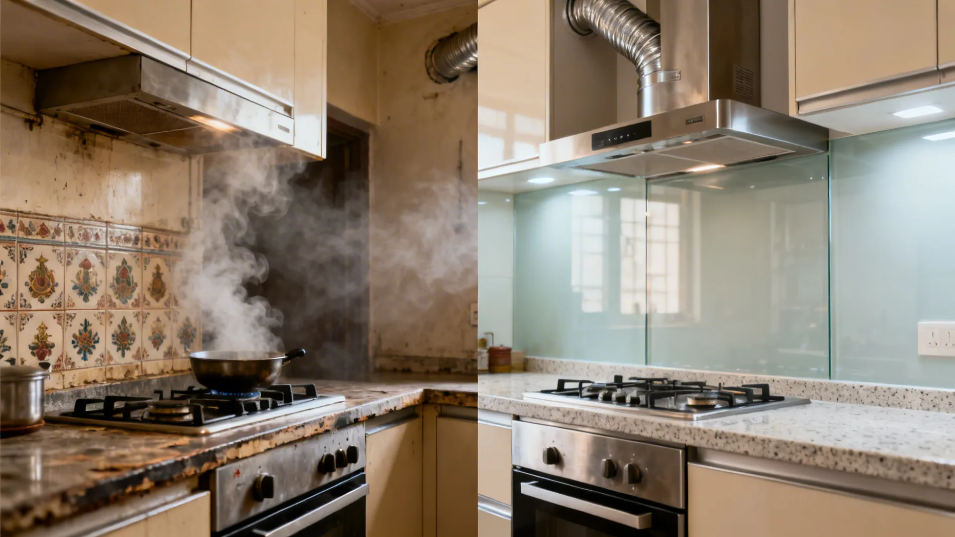 Split view showing a smoky kitchen before and a clear, ducted-chimney kitchen after with glossy finishes.
