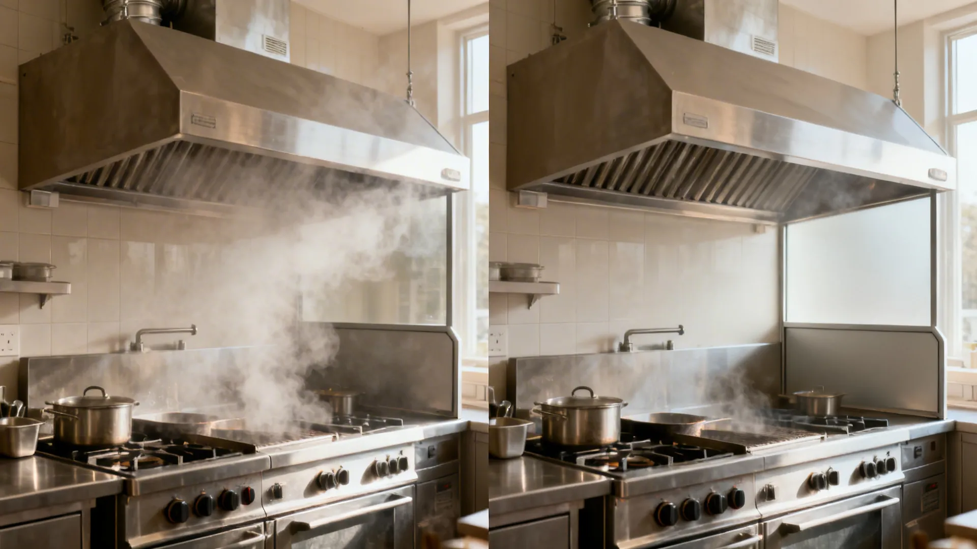 Split view of a small cook line showing hazy air before and clear air after optimized ventilation.