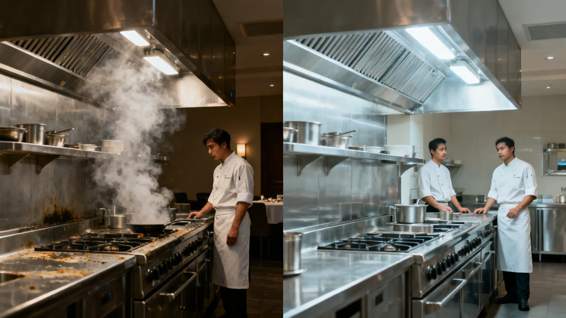 Before and after comparison showing a dark smoky kitchen versus a bright clean commercial kitchen