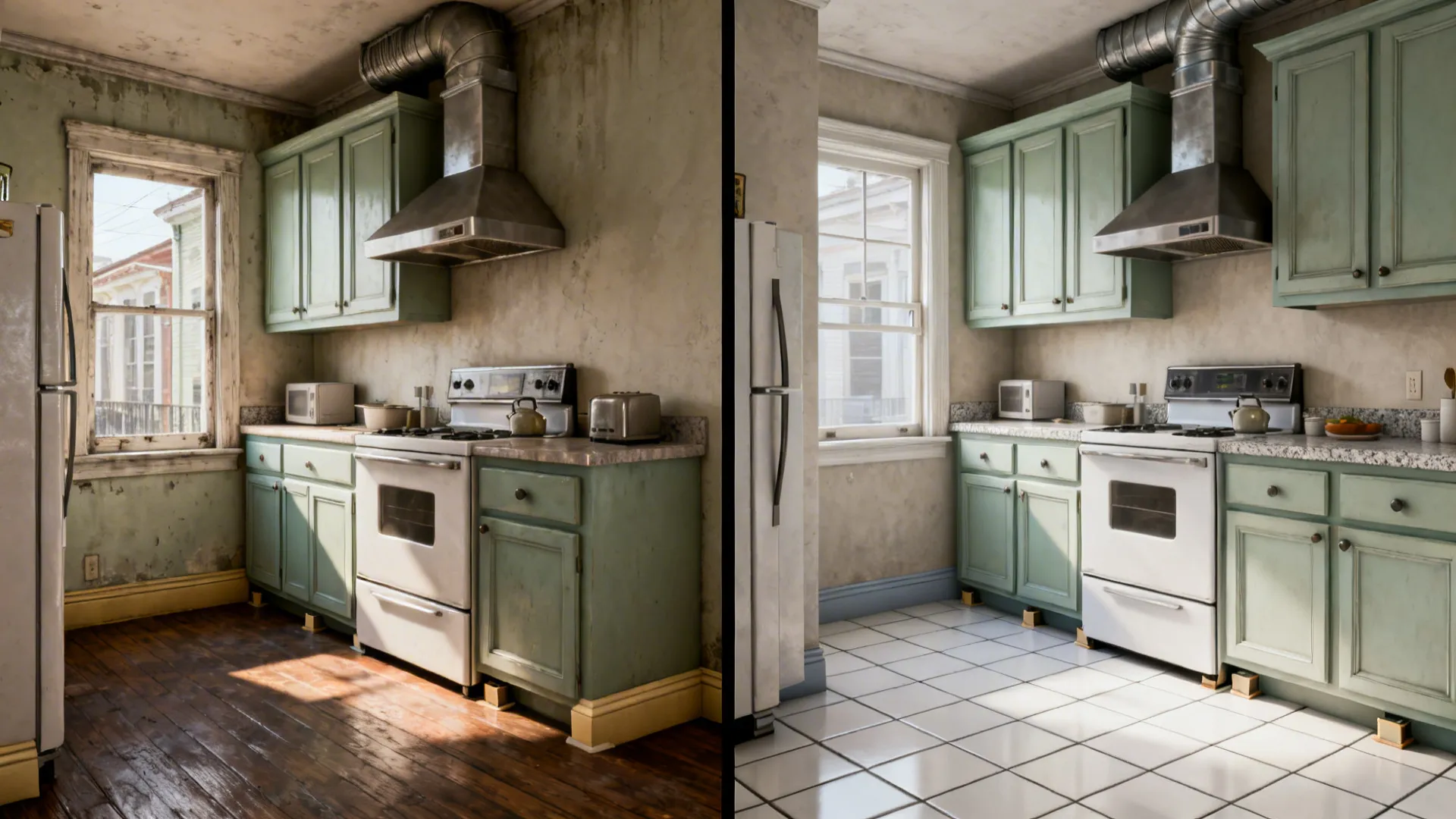 Before-and-after of a small kitchen showing upgrade to a ducted hood and flood-resistant finishes.
