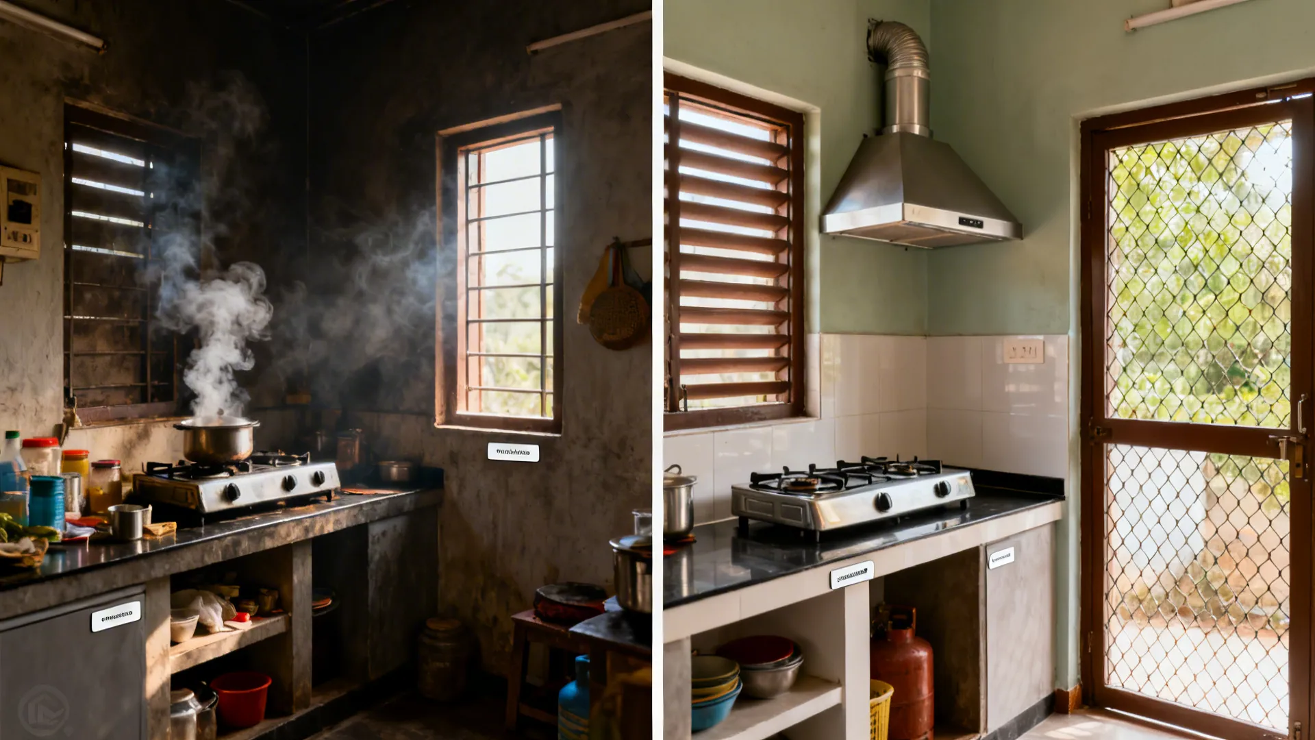 Before-and-after of a compact kitchen showing improved cross-ventilation with window, mesh door, and chimney hood.