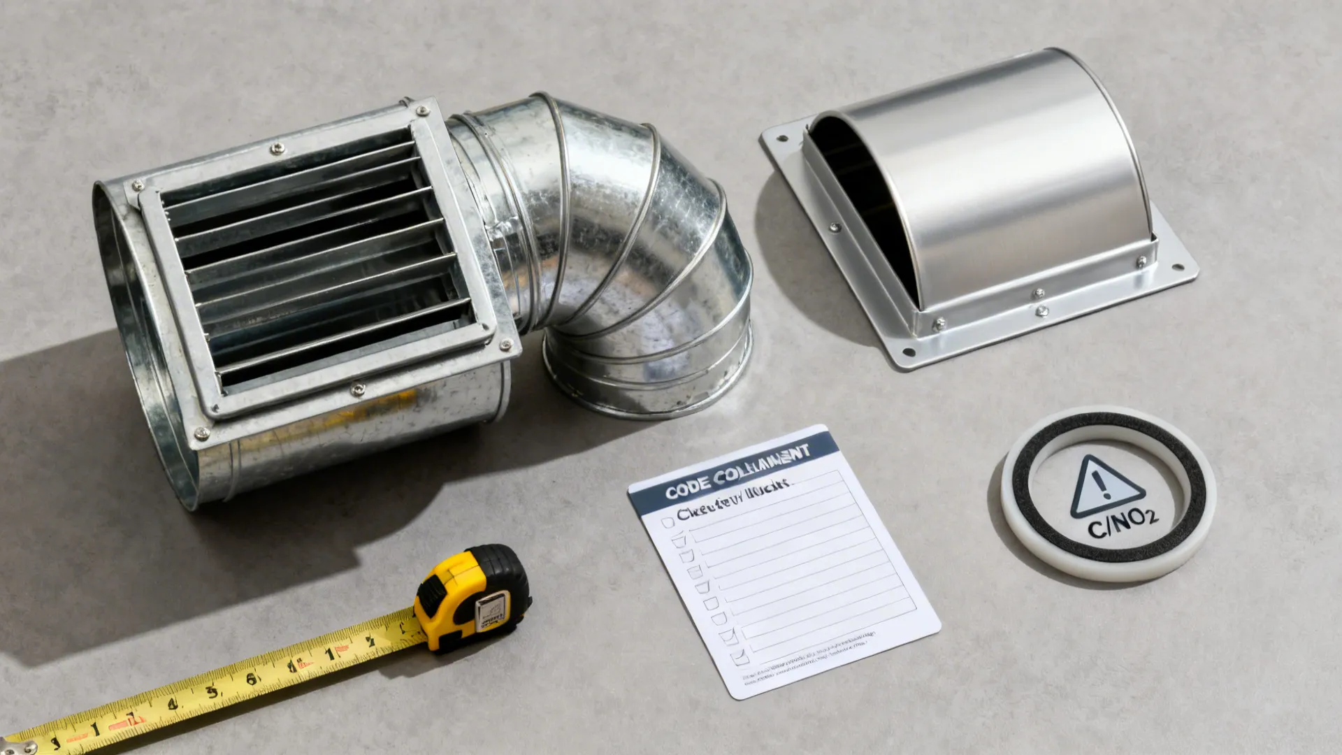 Flat lay of smooth metal duct, damper, exterior cap, and seals illustrating ventilation essentials.