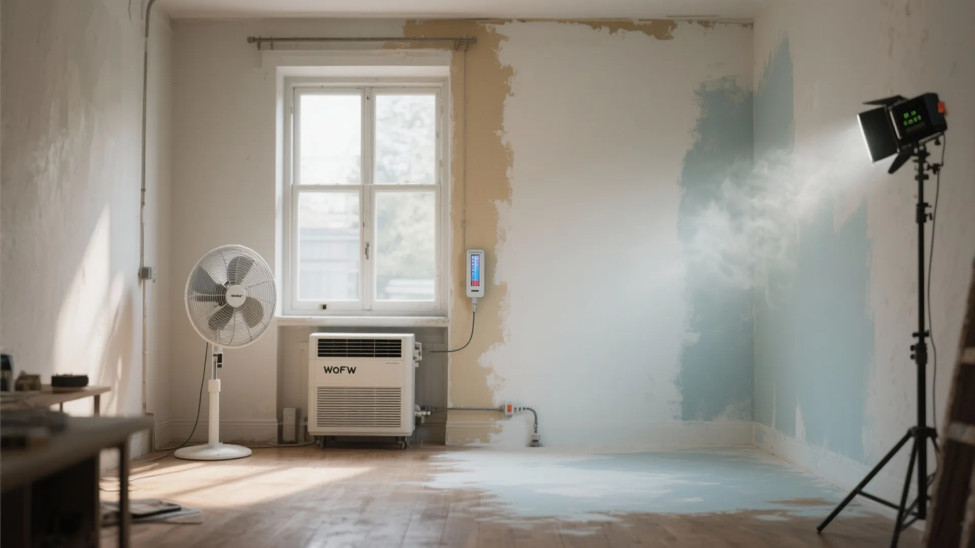 Unfinished room showing floor fan air conditioner and spotlight testing wall paint and air flow