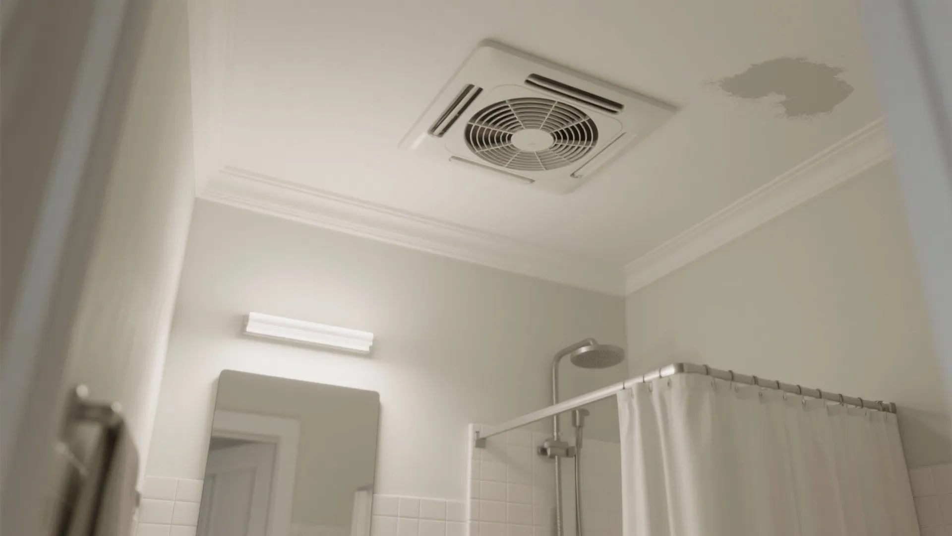 Bathroom interior with white ceiling fan light fixture above a shower with white curtain and mirror