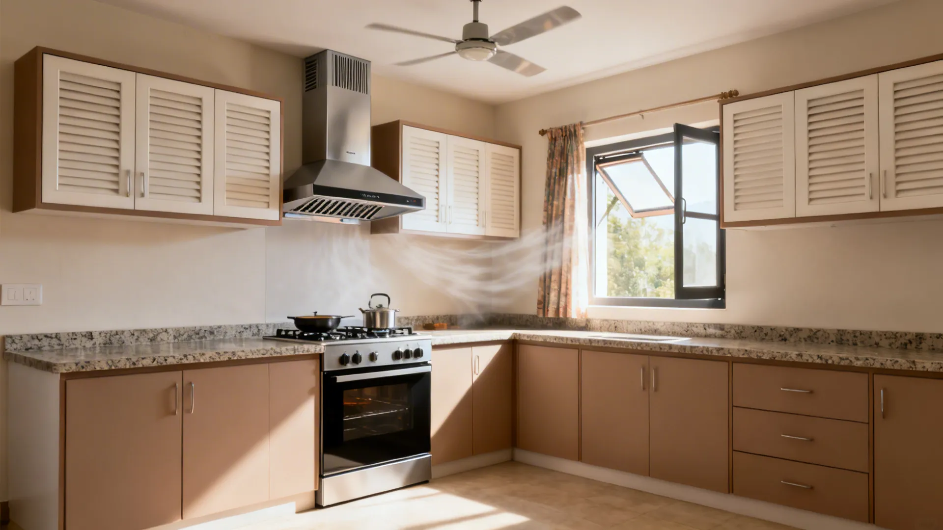 Compact kitchen with a baffle-filter chimney, open window, and ceiling fan for cross-ventilation.