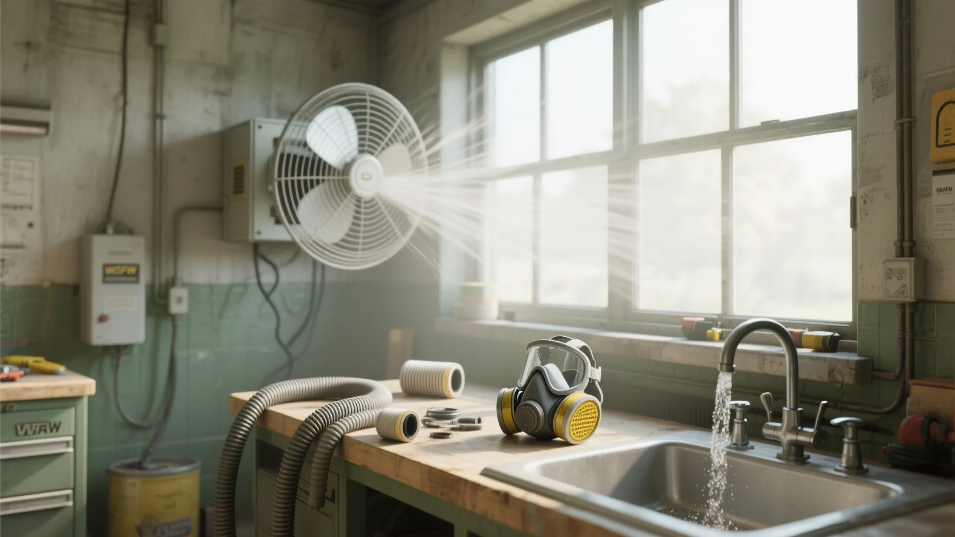 Workshop with a wall fan blowing air over a mask and sink for safe cleaning
