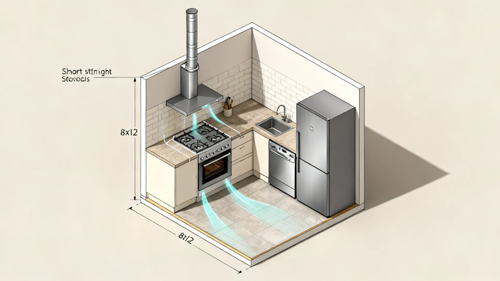 Top-down view showing compact appliance layout and a short, straight chimney duct route in an 8x12 kitchen.