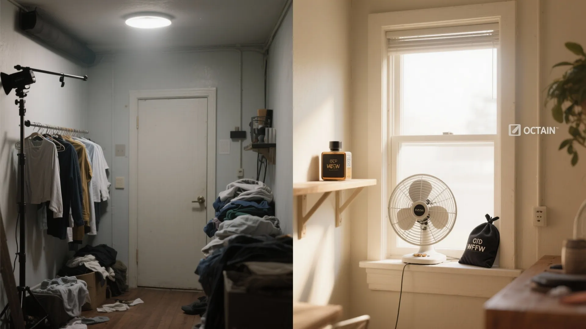 Side by side comparison of a messy dark storage room and a bright ventilated window