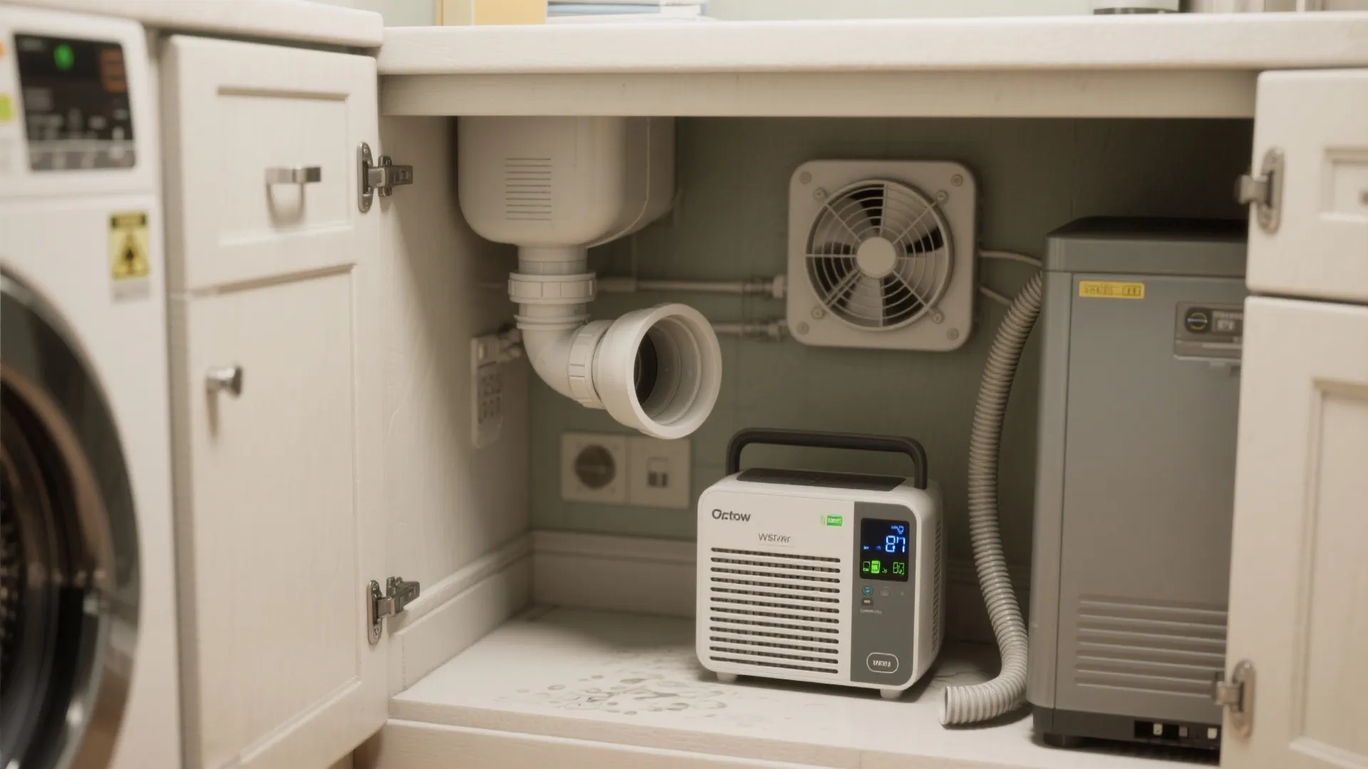 Under sink storage area showing water pipes a small air purifier and a ventilation fan