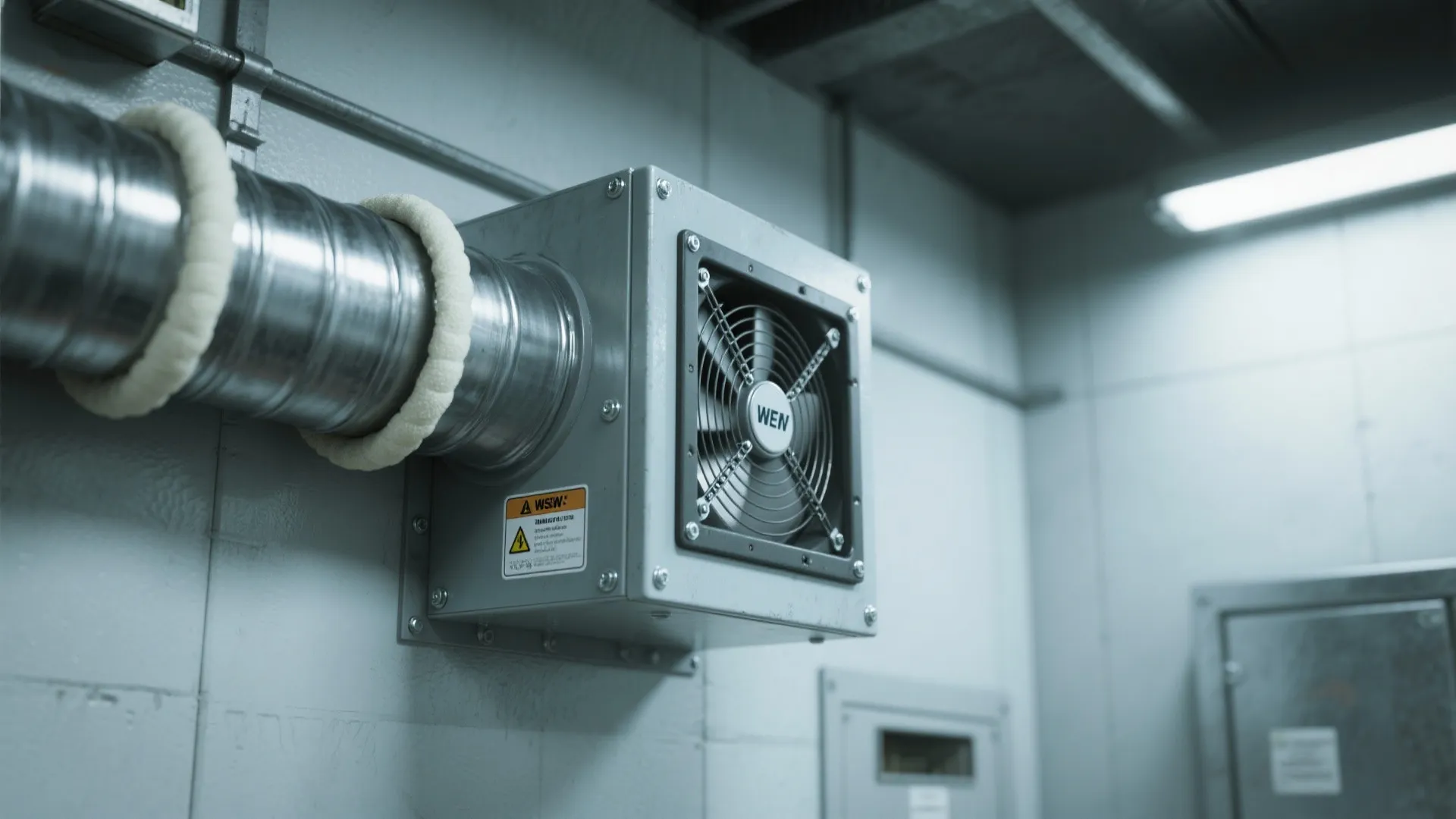 Industrial wall fan with a metal air duct installed in a modern grey utility room