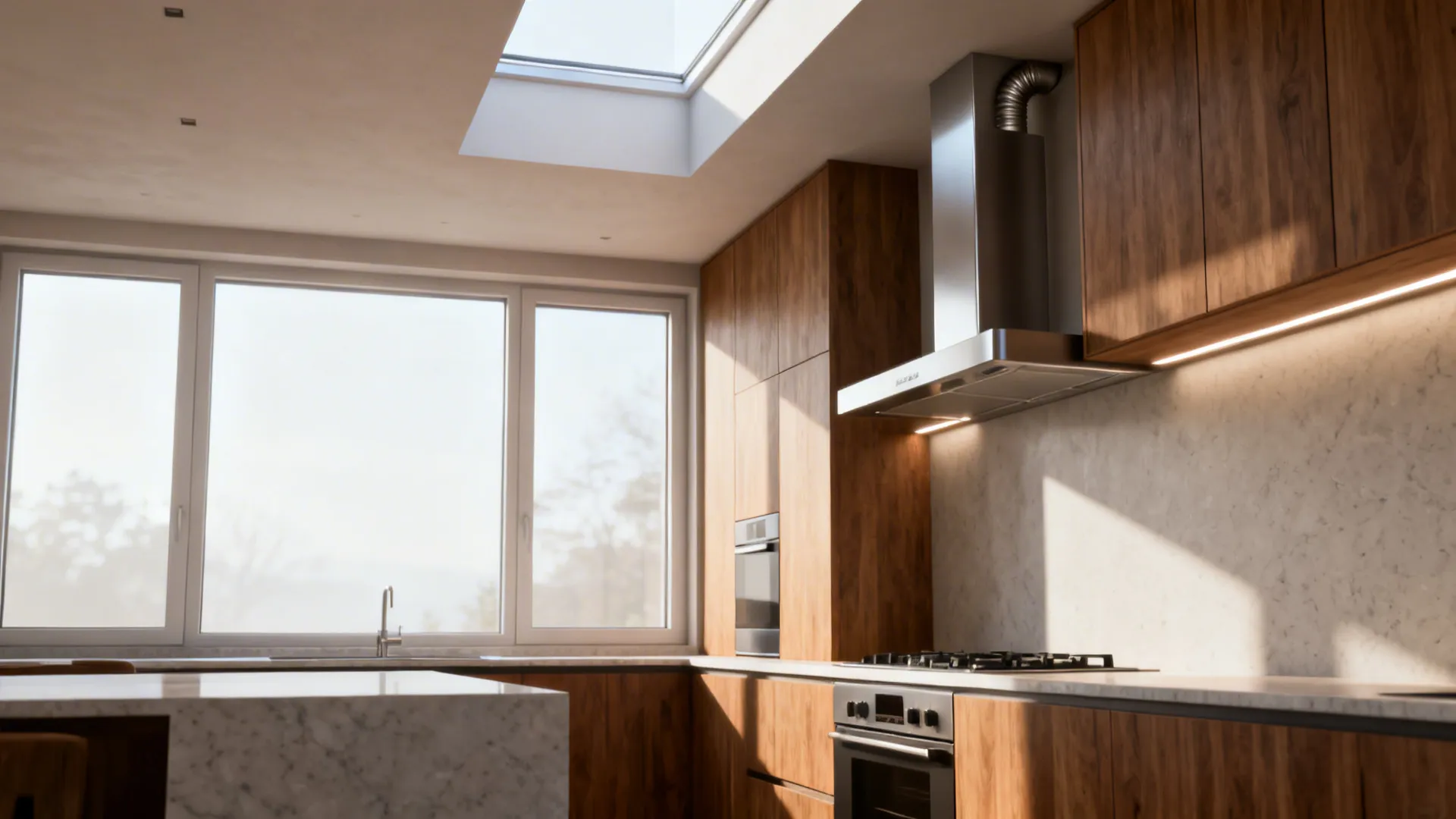 Airy kitchen with east-facing window, ducted hood, and balanced task lighting.