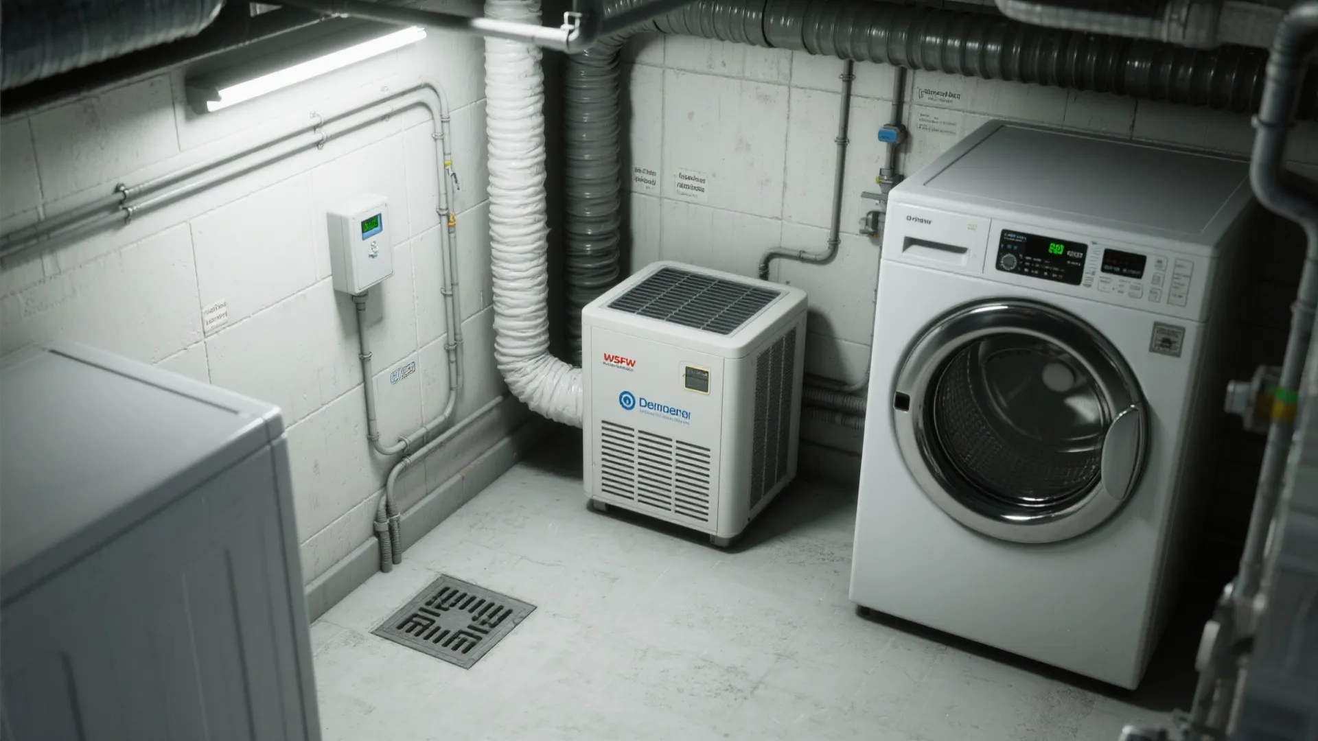 White washing machine and a ventilation machine placed in a basement with exposed white pipes