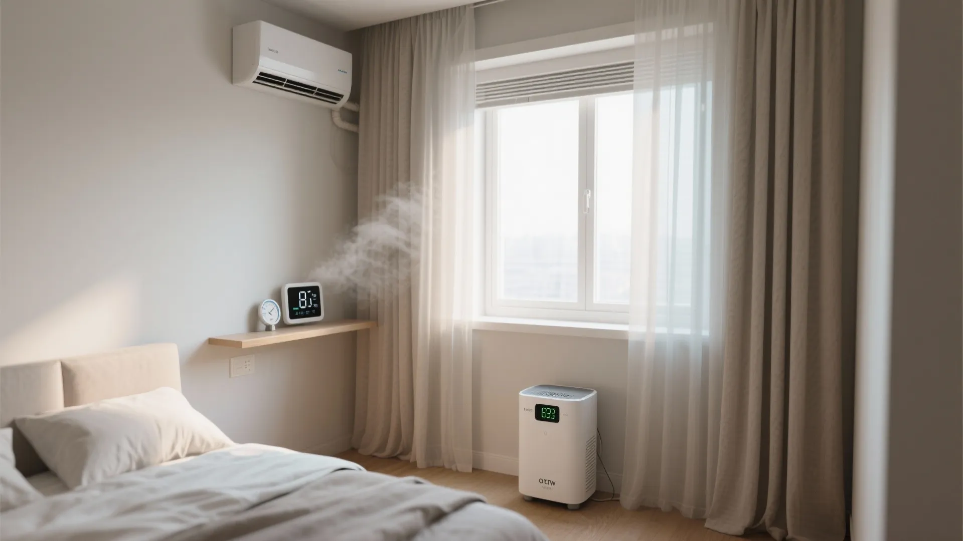 Modern bedroom with air conditioner and white floor machine for better air quality and comfort level