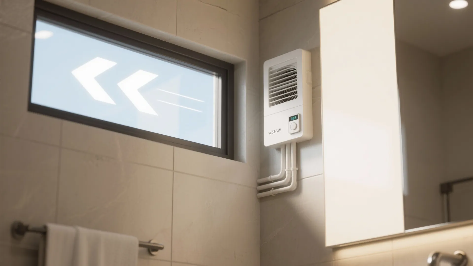 Exhaust fan with timer and sealed bathroom window illustrating improved ventilation to reduce moisture.