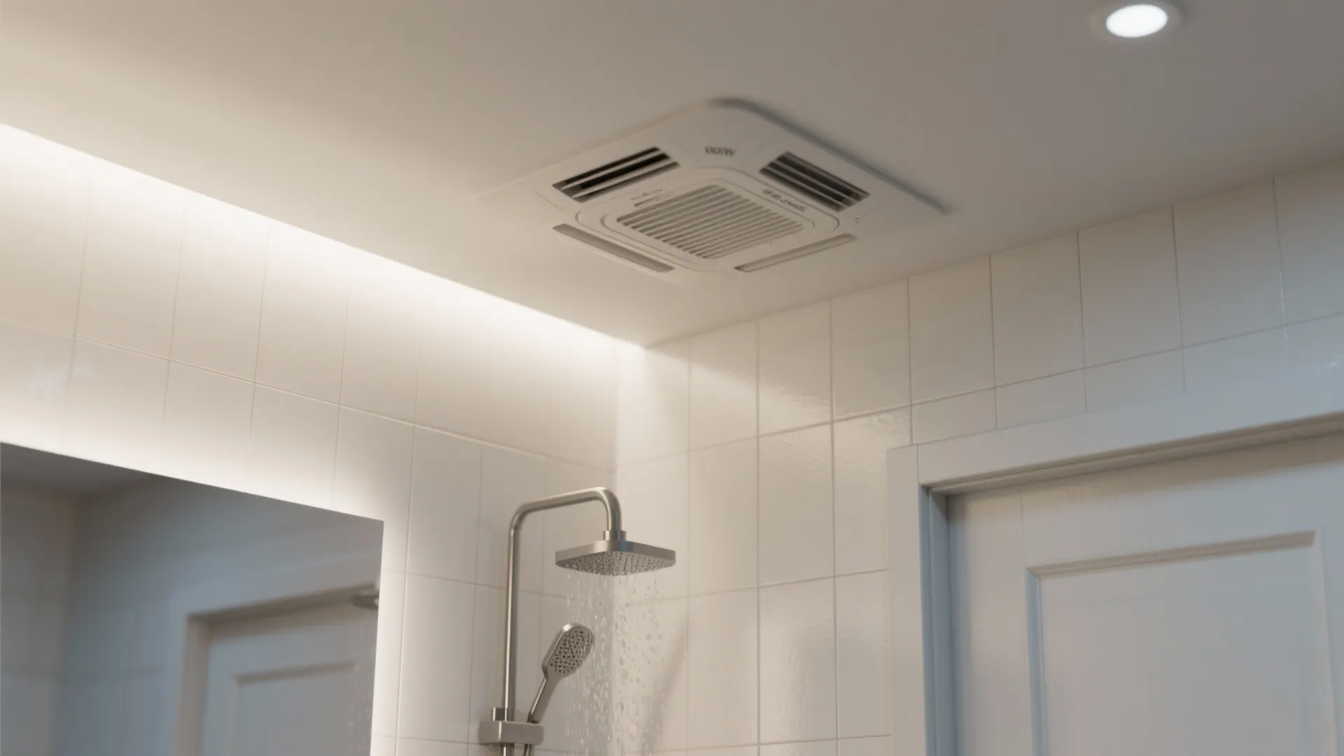 Close-up of an exhaust fan and gap under a vanity showing airflow and dry bathroom corners