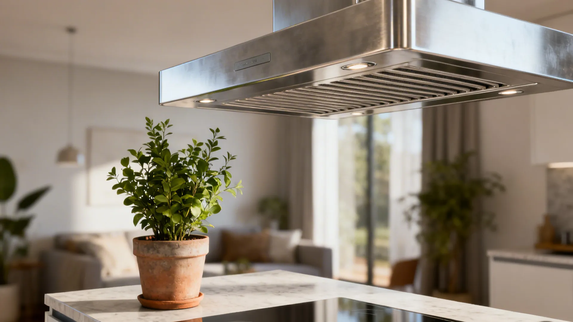 Kitchen hood and potted plant showing ventilation and odor control solutions