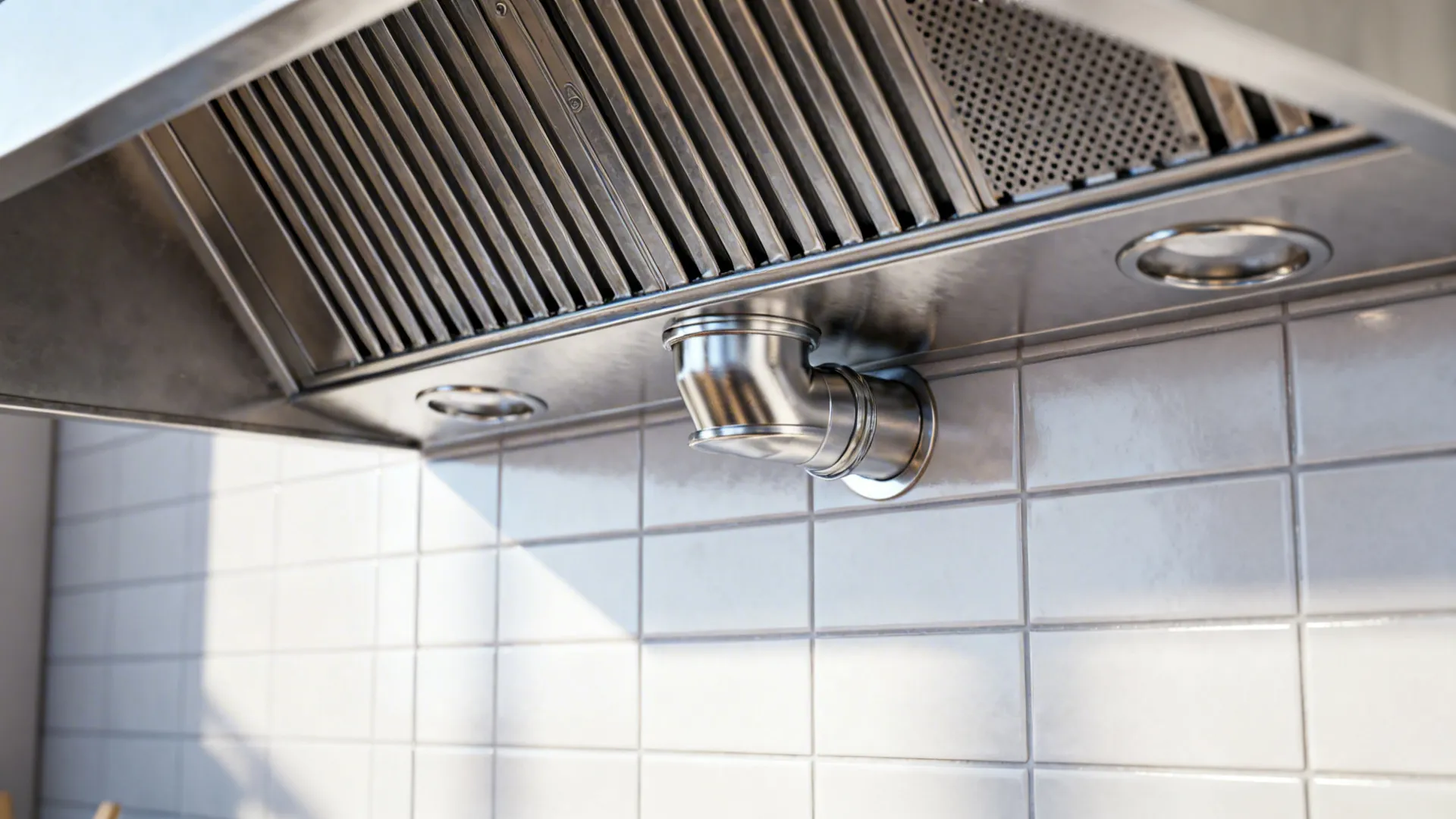 Detail of a stainless steel range hood and ducting to emphasize proper kitchen ventilation.