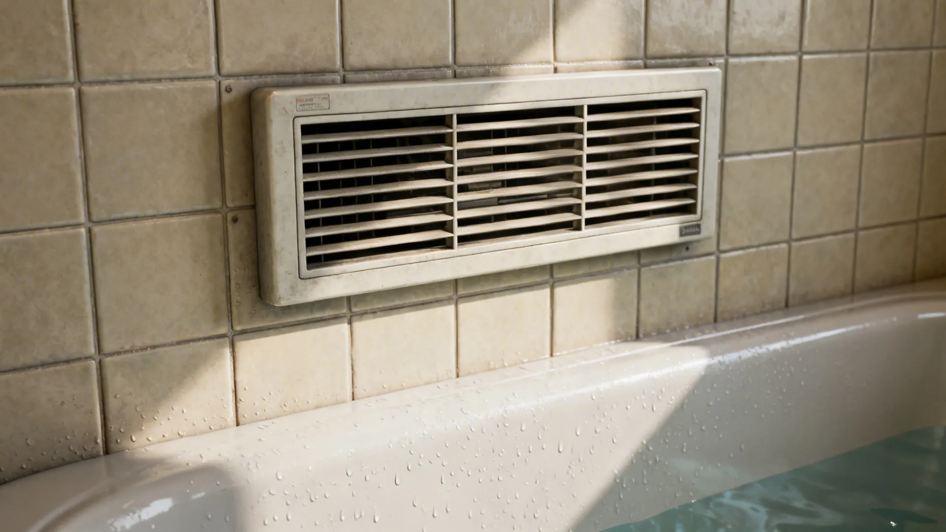 Close-up of a wall-mounted bathroom exhaust fan above tiles, illustrating proper ventilation in a small wet room.