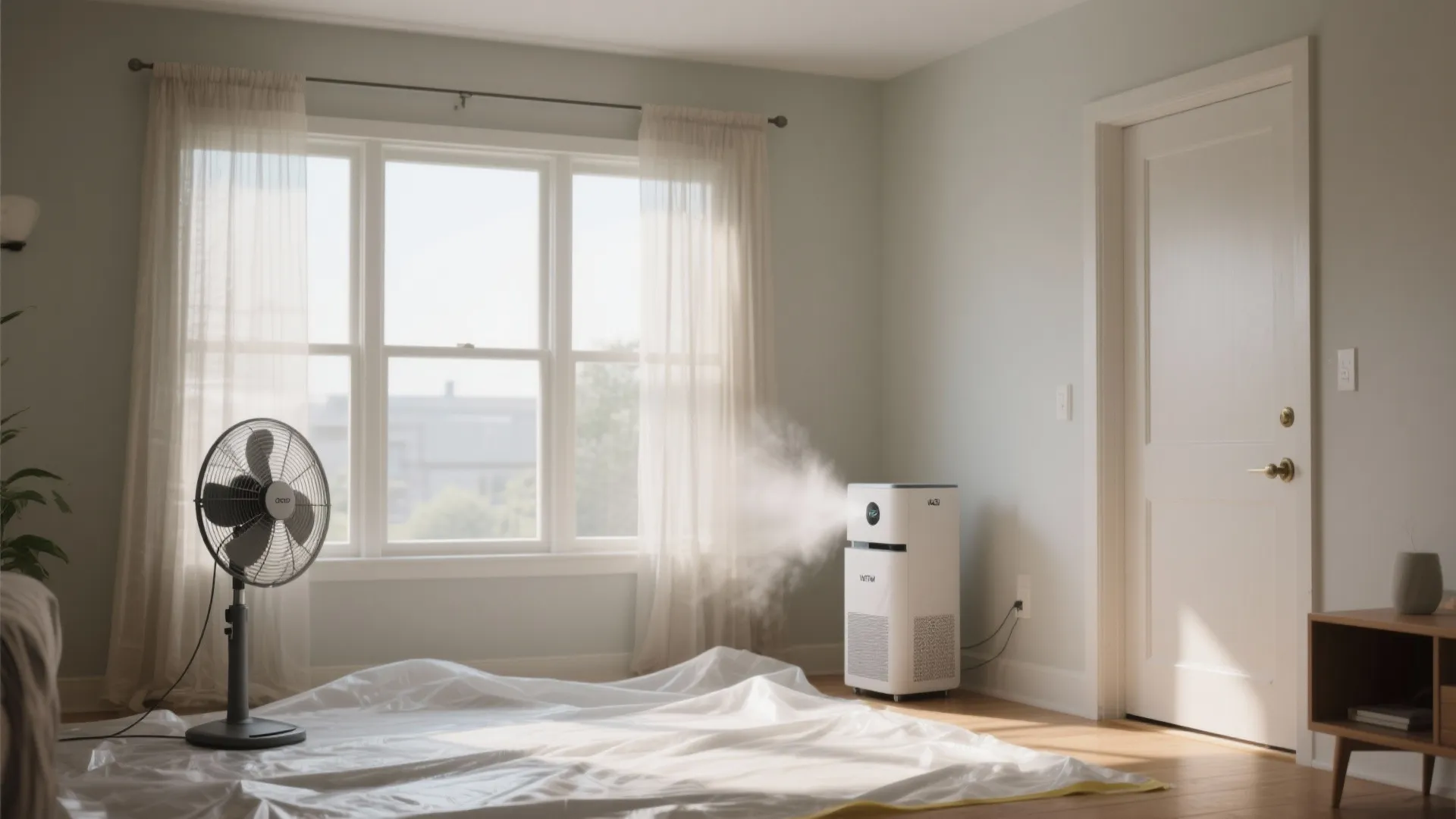 Bright room with standing fan white air purifier emitting mist and protective plastic sheet on ground