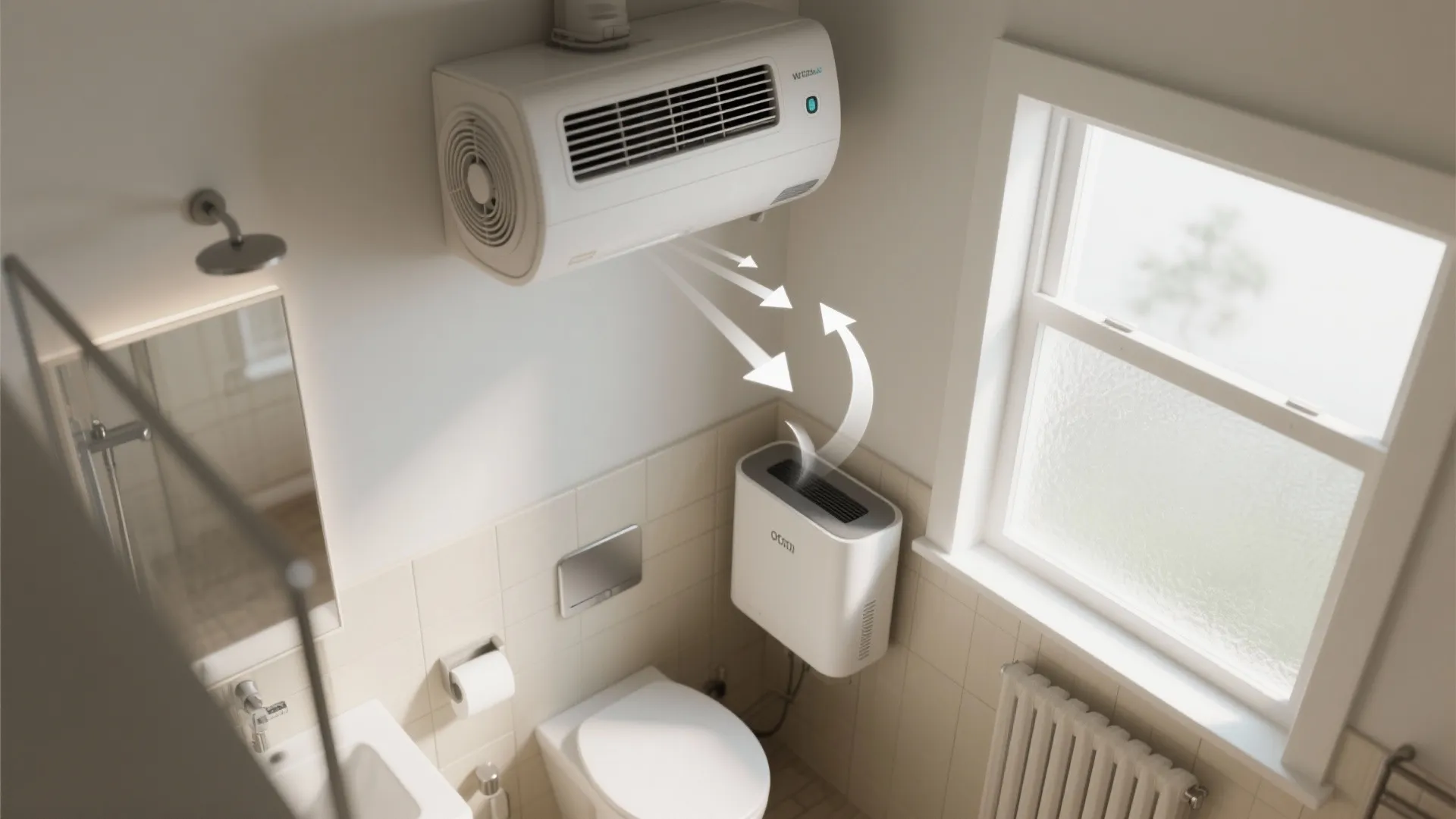 Small bathroom with upgraded exhaust fan, small dehumidifier, and open frosted window improving airflow