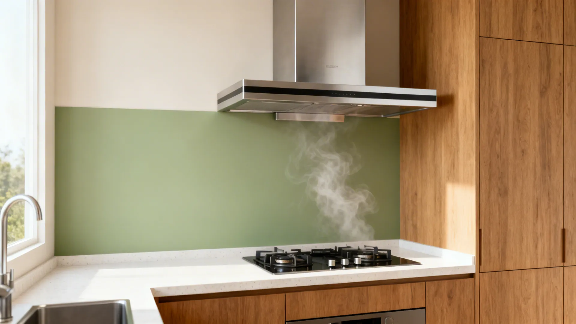 Compact kitchen with a stainless range hood, quartz counters, and matte wood accents under soft daylight.
