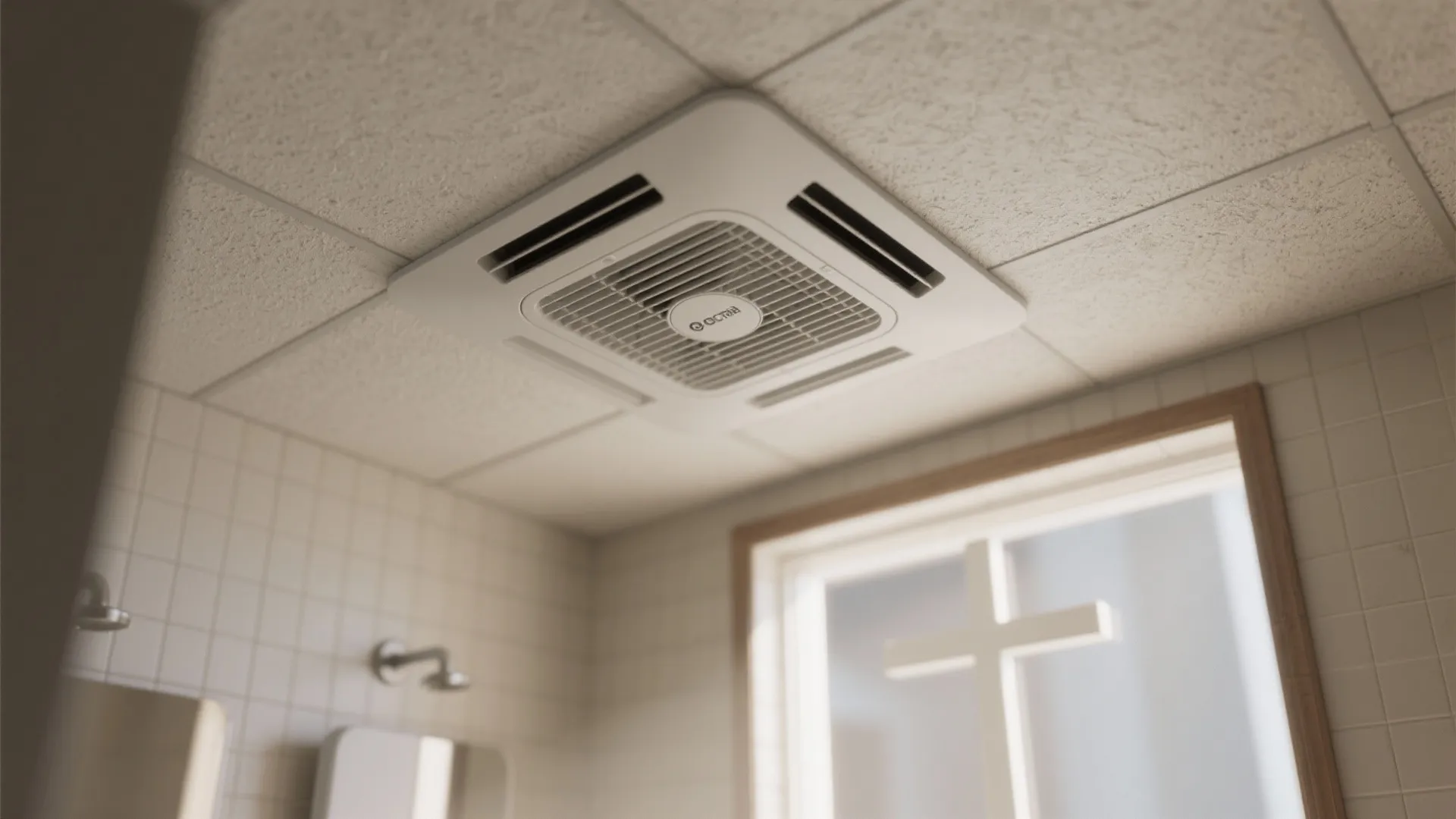 White square ventilation fan installed on a textured ceiling in a bathroom with white tiled wall