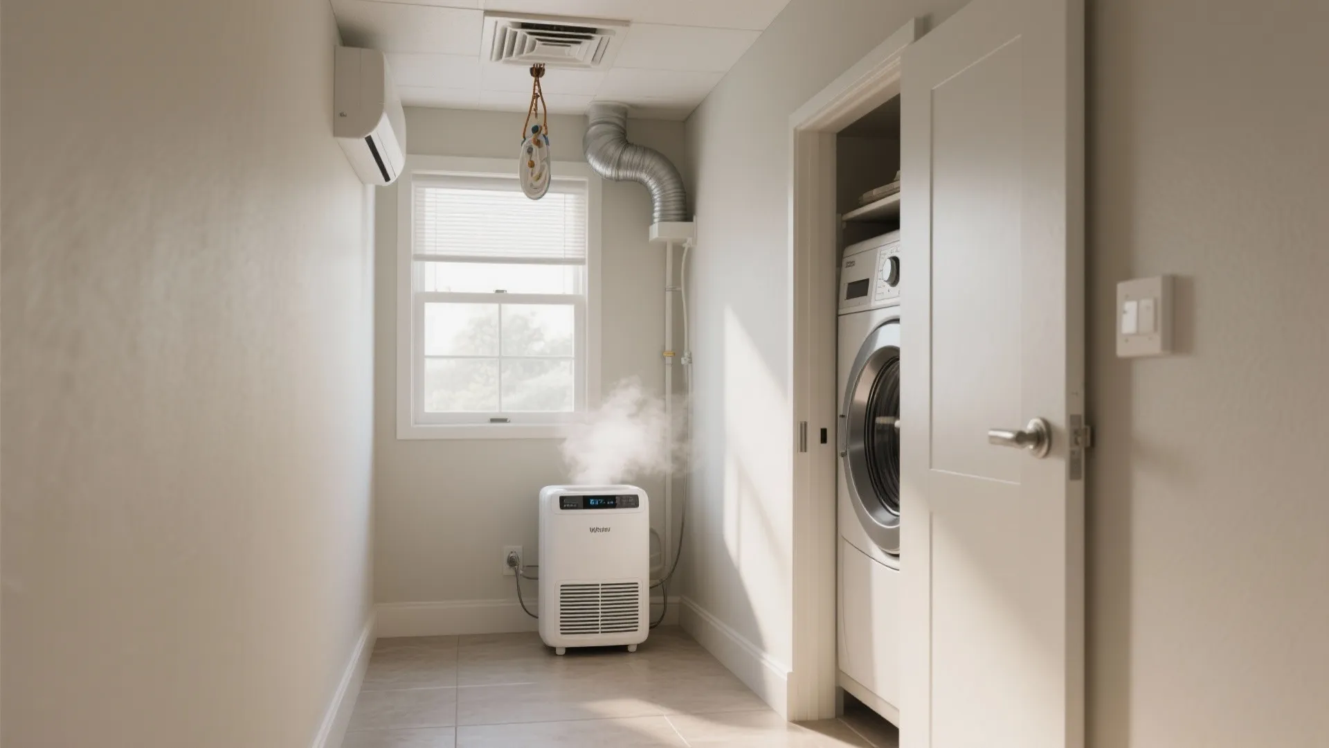 Small laundry room featuring a white dehumidifier with steam near a window and washing machine