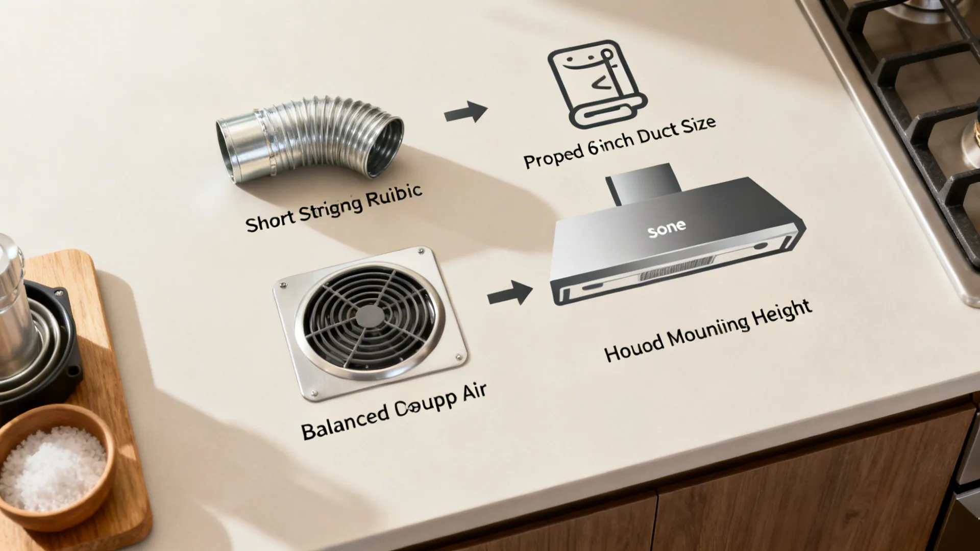 Top-down scene summarizing duct size, sone ratings, rigid runs, make-up air, and hood height best practices.
