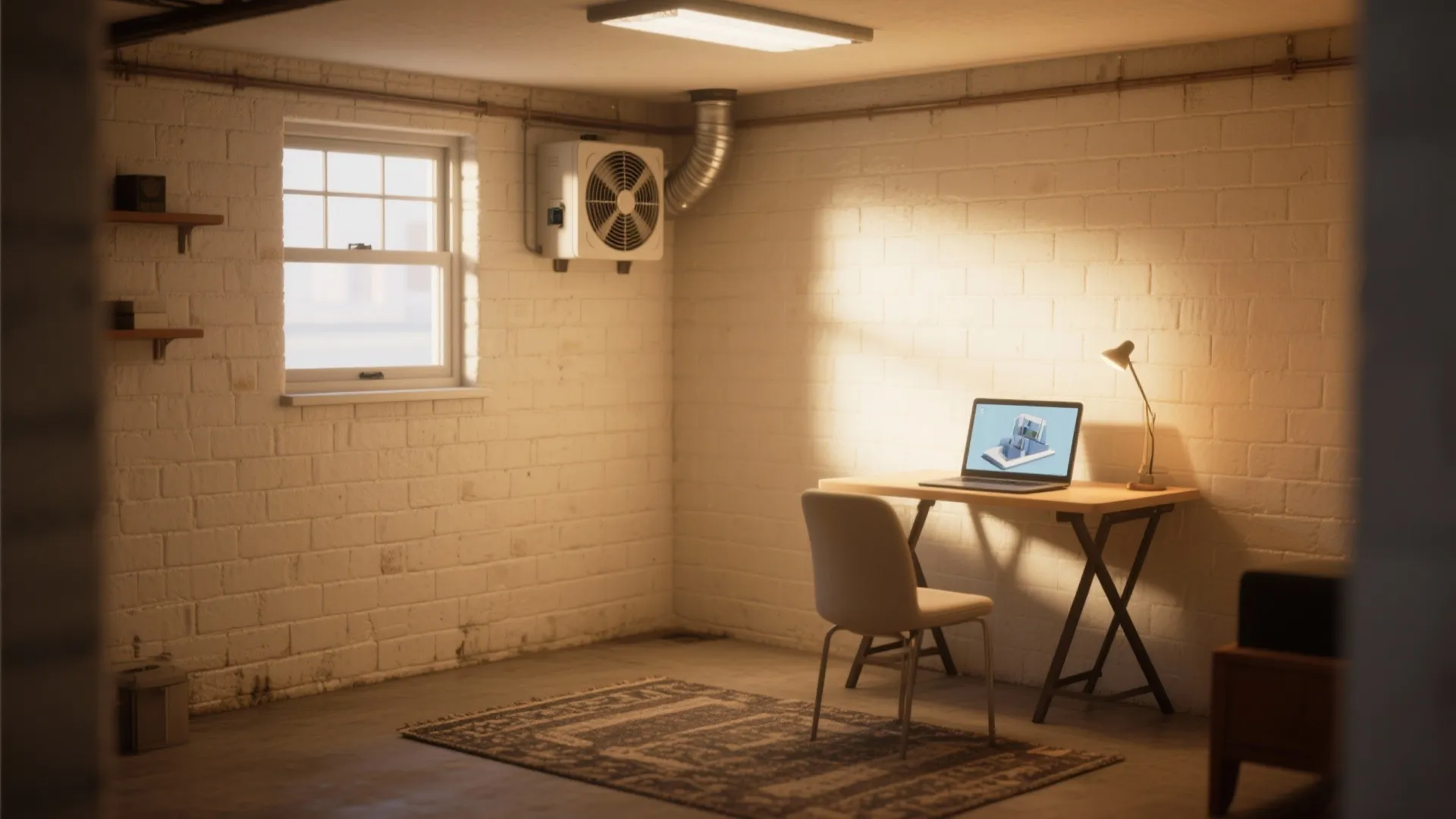 Basement office with white brick walls featuring a ventilation unit desk laptop and modern chair