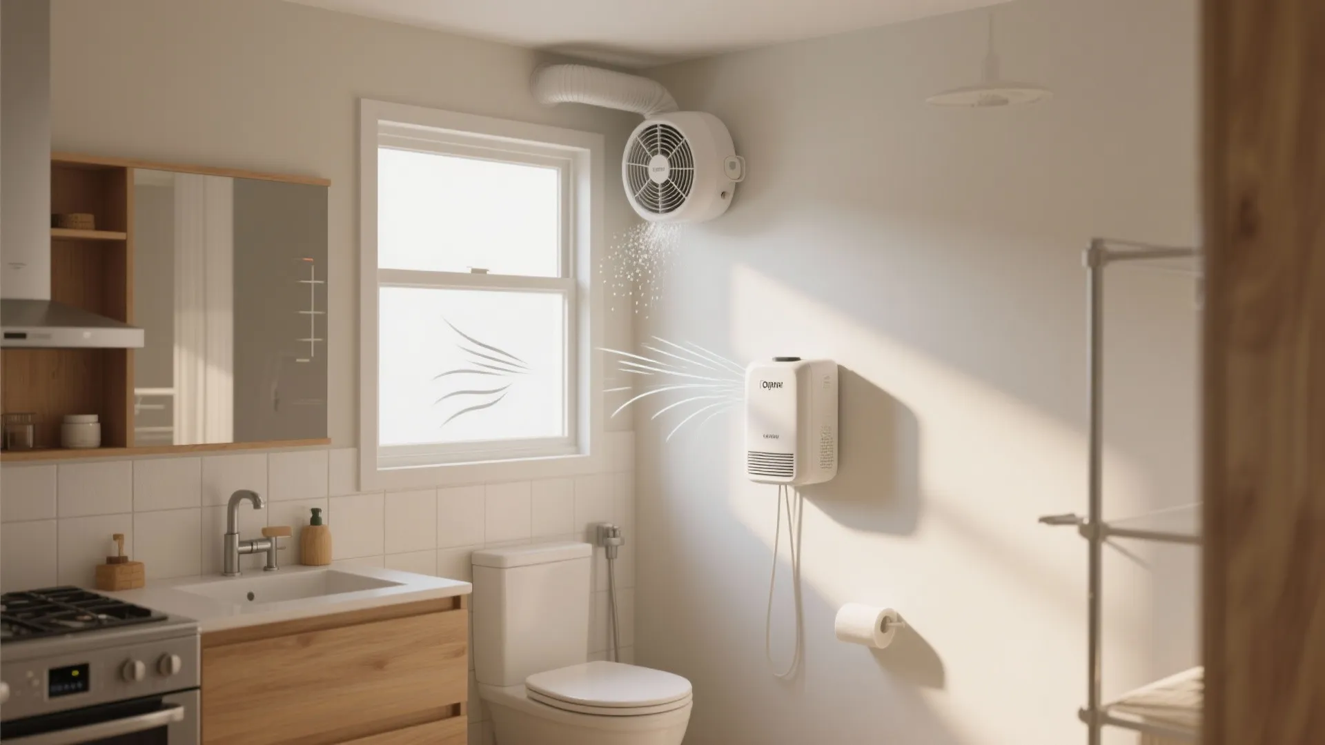 Room corner with an exhaust fan and dehumidifier showing improved ventilation and a fresh satin paint finish.