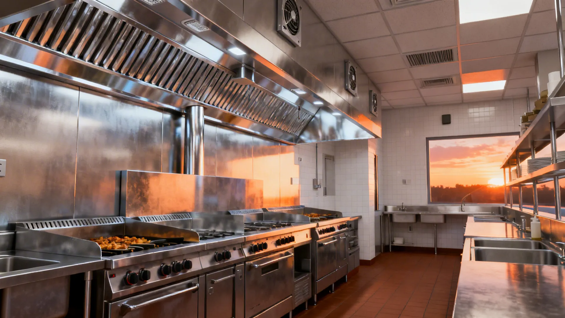 Large commercial kitchen with stainless steel stove vent hood white tiles and sunset through the window