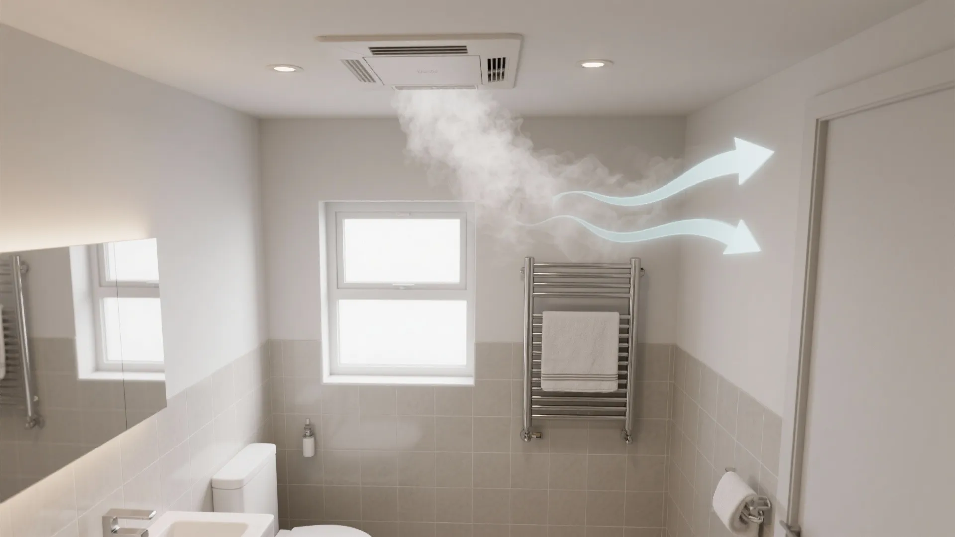 Modern bathroom ceiling vent releasing steam with arrows showing air flow near window and towel