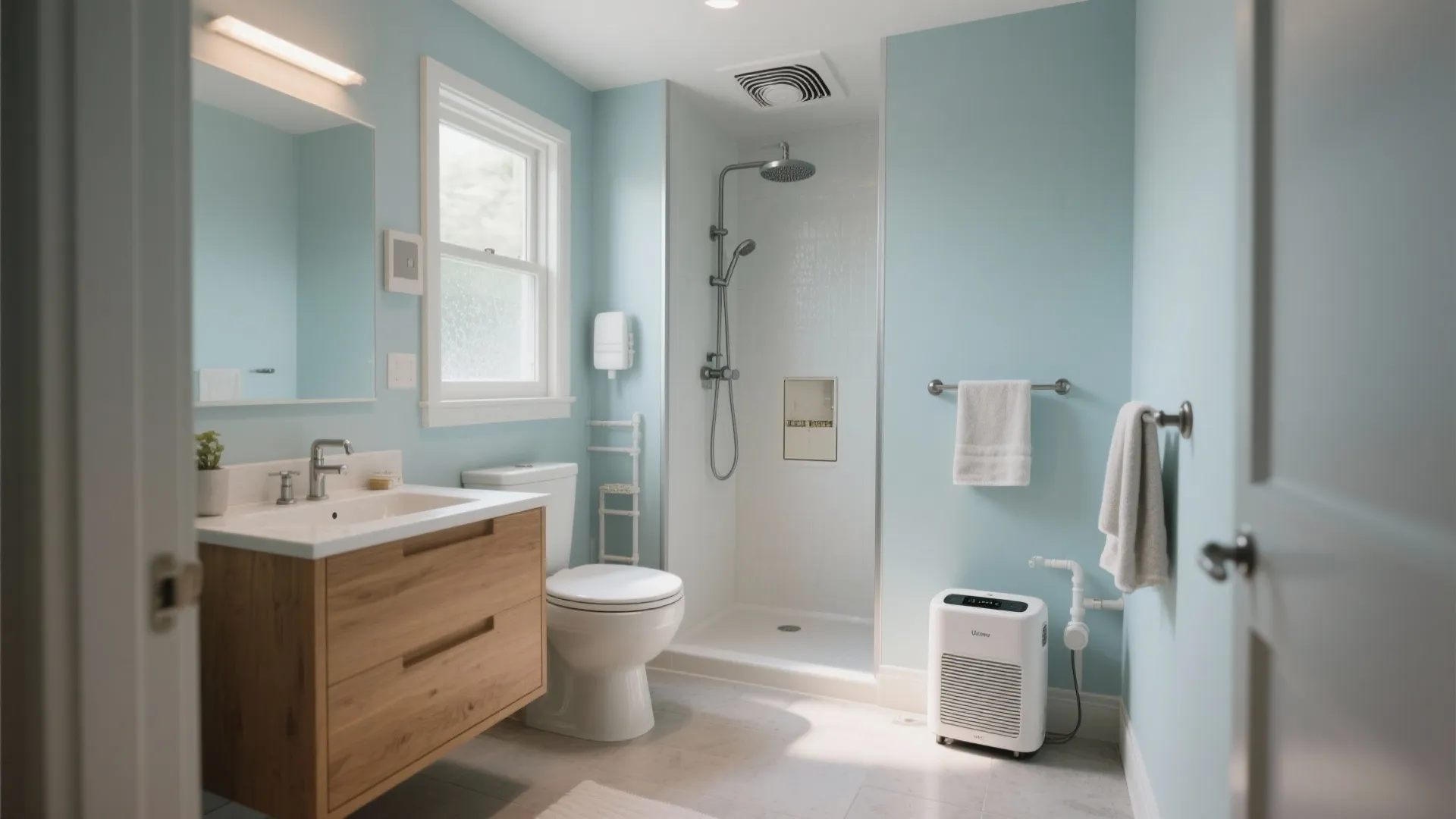 Light blue bathroom with wooden cabinet toilet shower area exhaust fan towels and a portable heater
