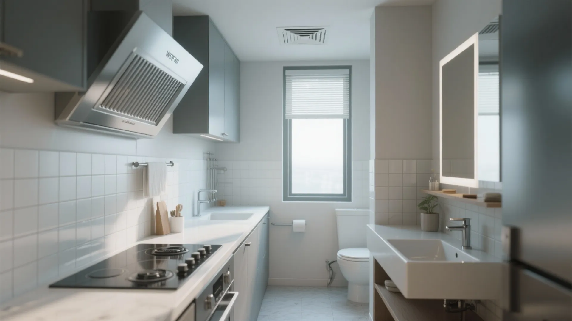Modern kitchen and bathroom combined area with stove sink toilet and bright window natural light