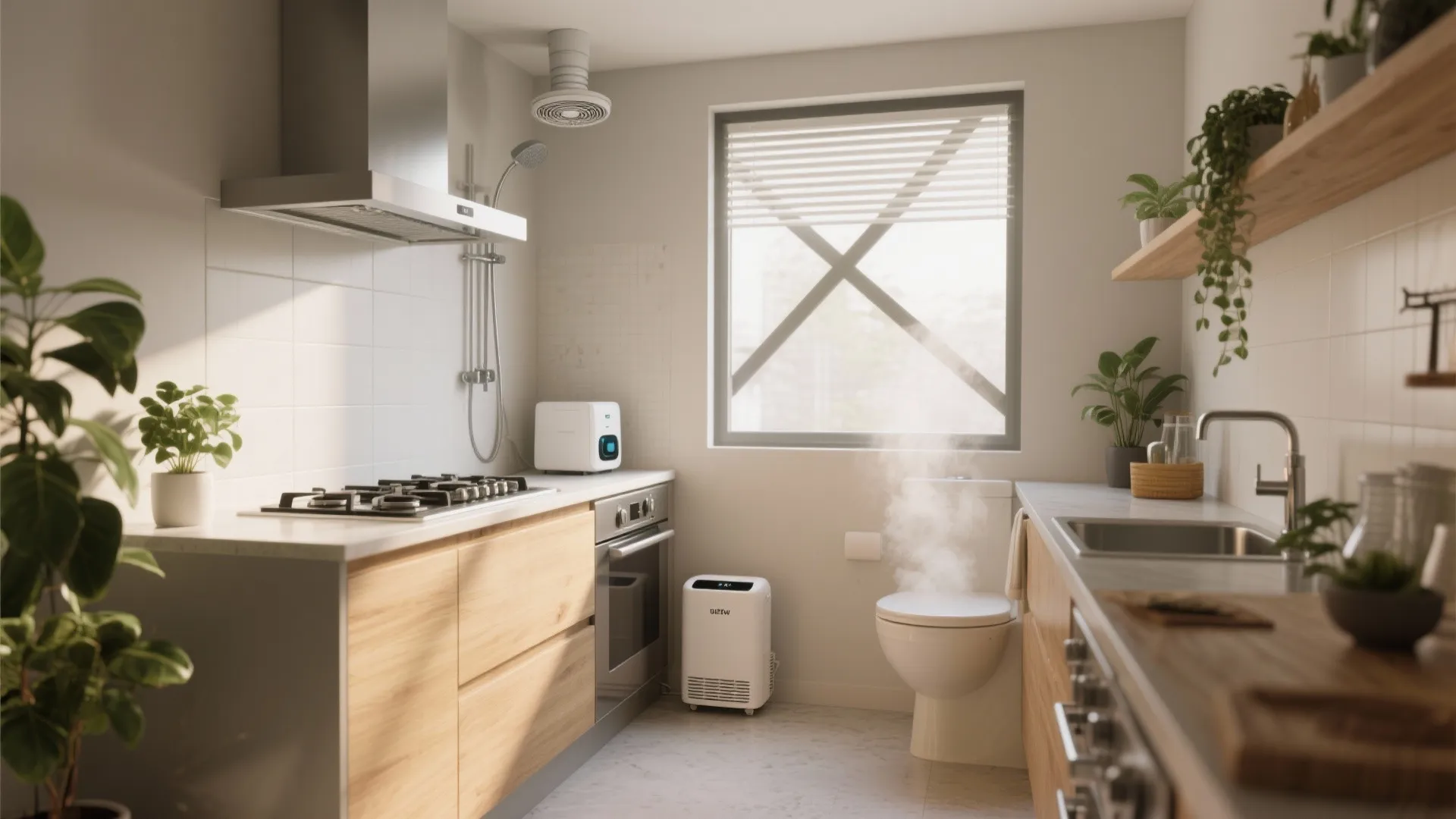 Small kitchen with wood cabinets and white toilet and air purifier with steam near window
