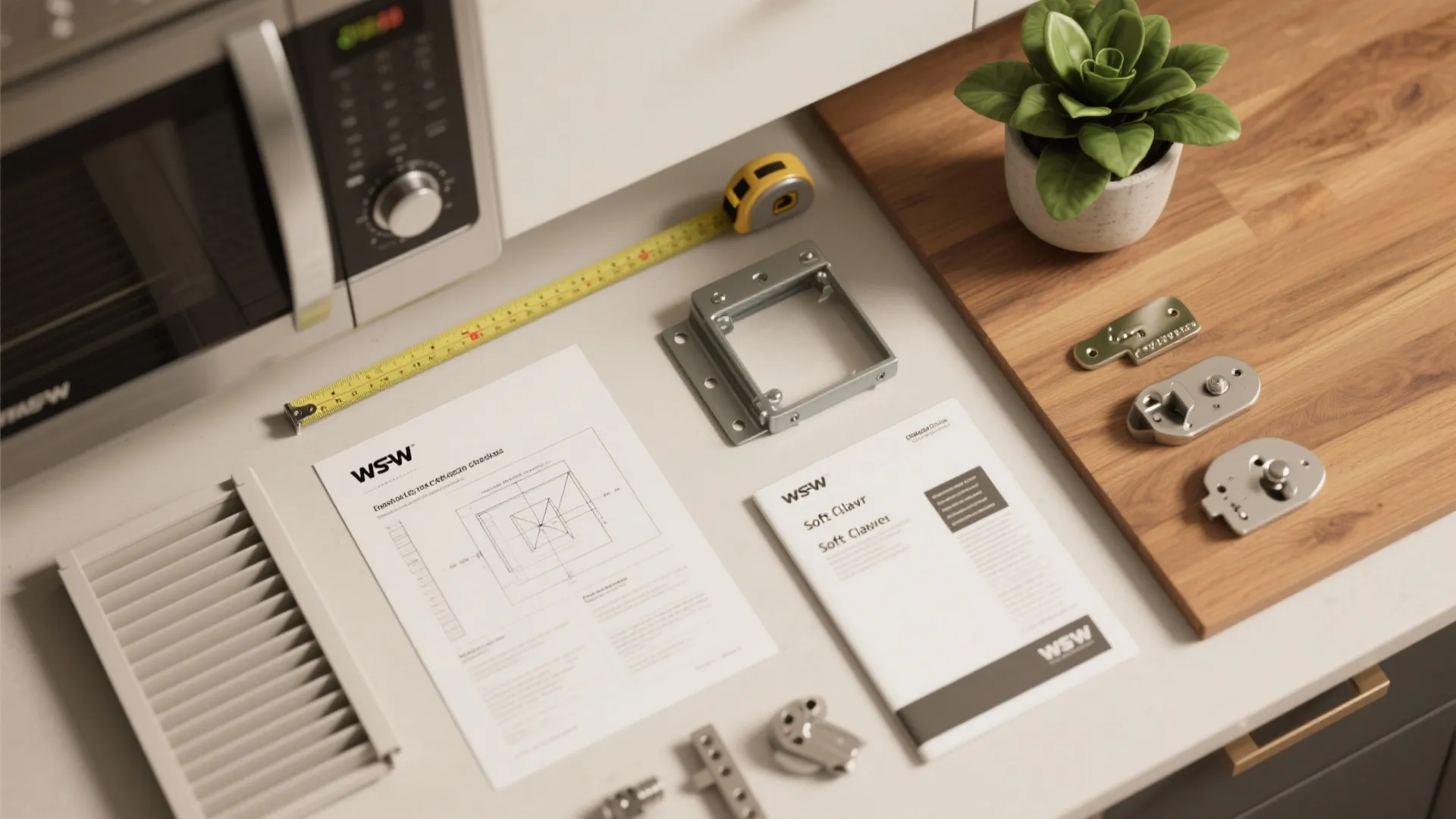 Flatlay checklist for microwave installation with clearance diagram, tape measure, bracket and louver samples.