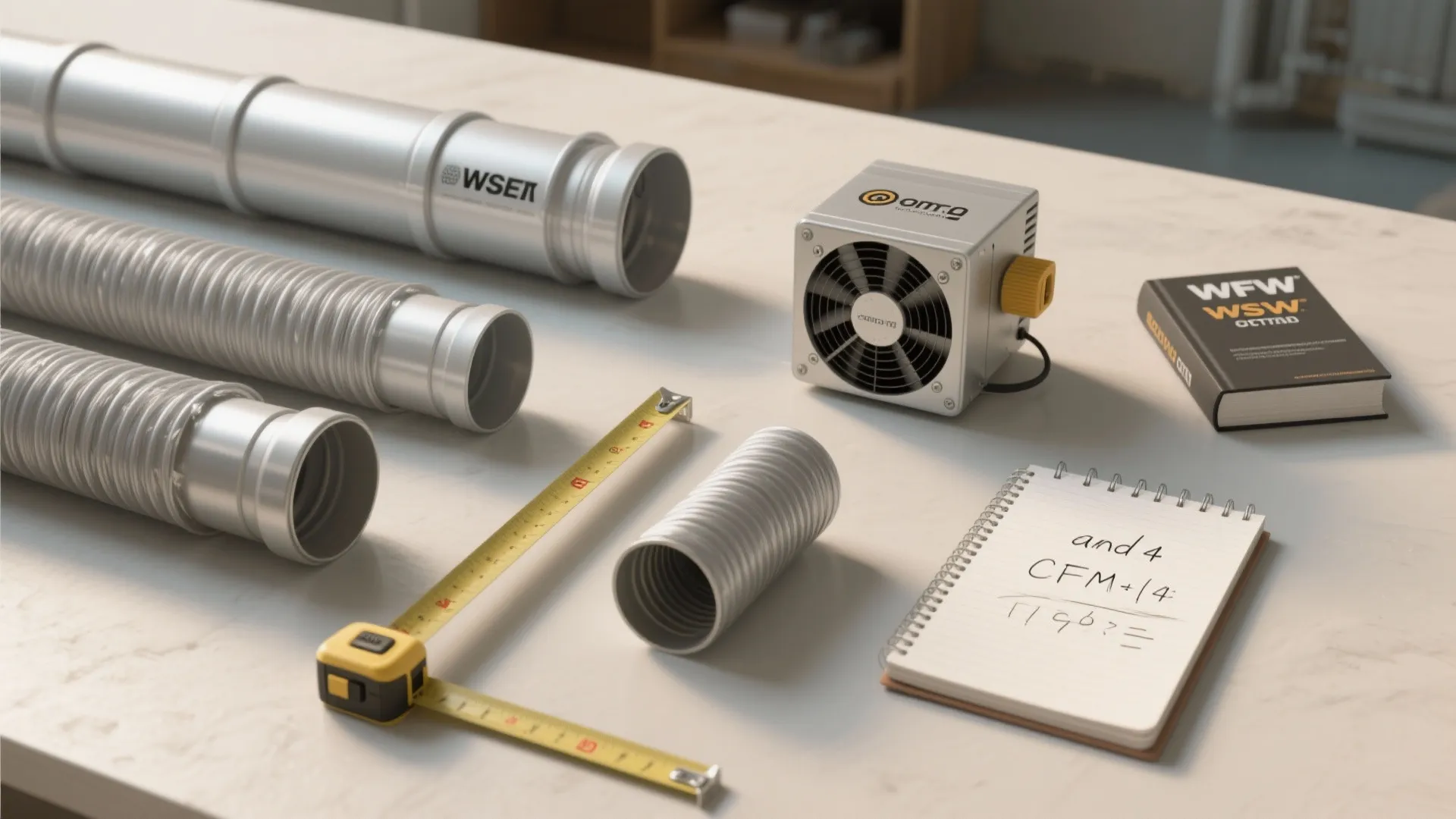 Flatlay showing 4" and 6" duct samples, an inline fan, tape measure and notes for CFM calculations.