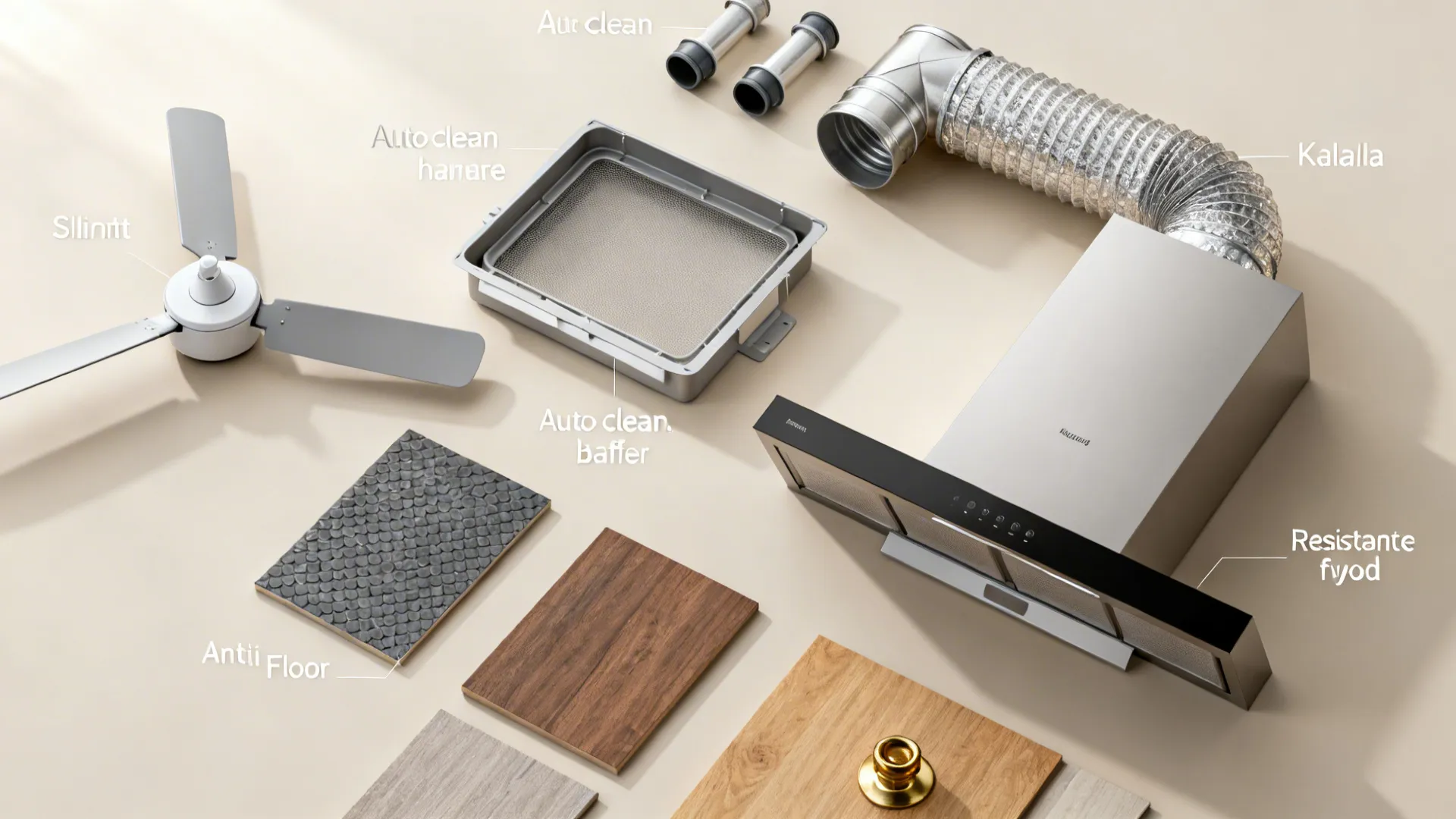 Flatlay of kitchen ventilation parts with fan, chimney filter, ducting, and moisture-resistant material swatches.