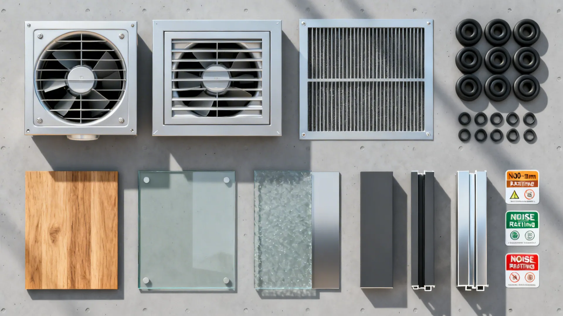 Top-down flatlay of exhaust fans, baffle filters, laminated glass, and coated metal samples.