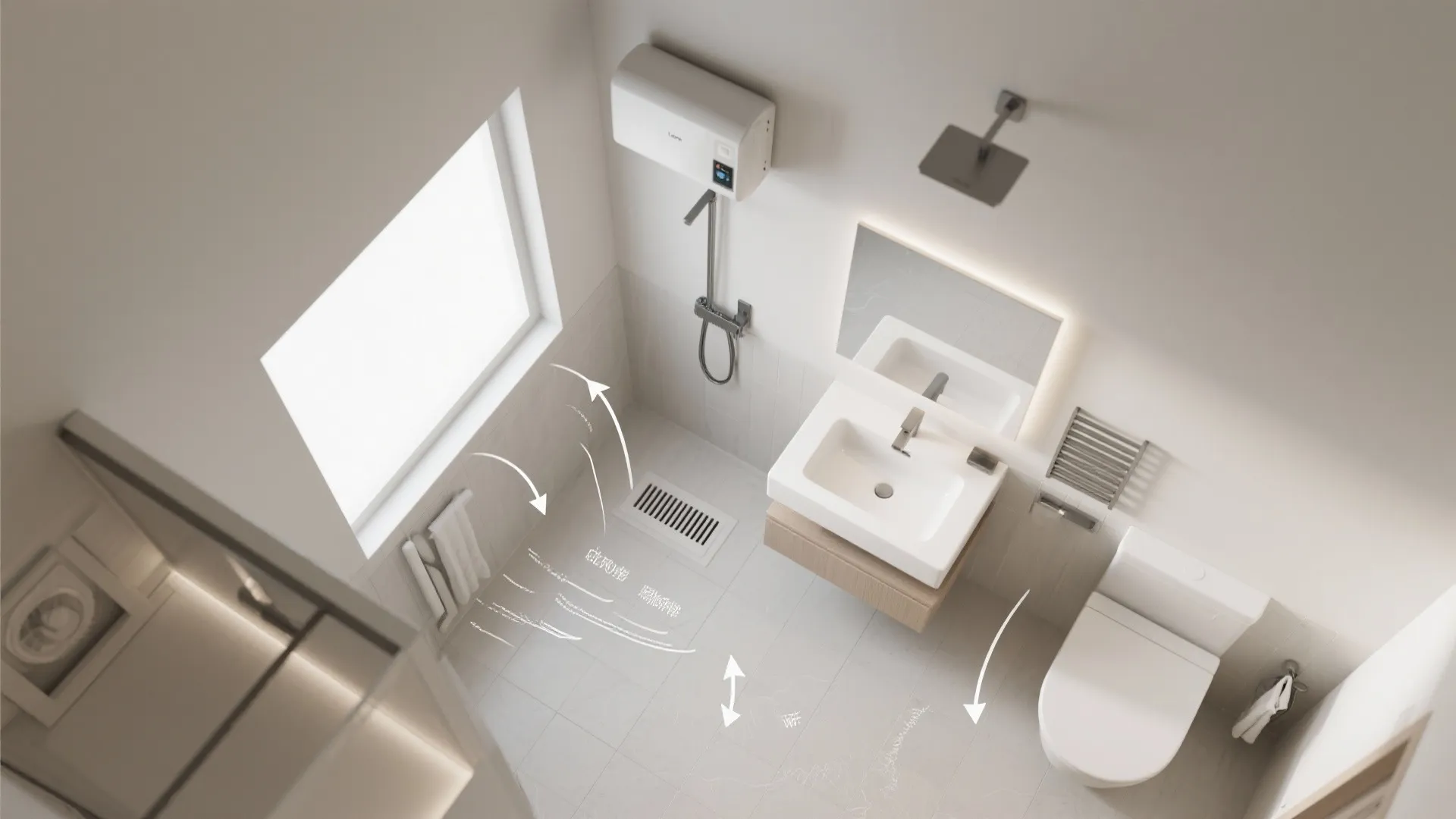 Modern bathroom top view with sink toilet shower and white arrows showing air flow circulation