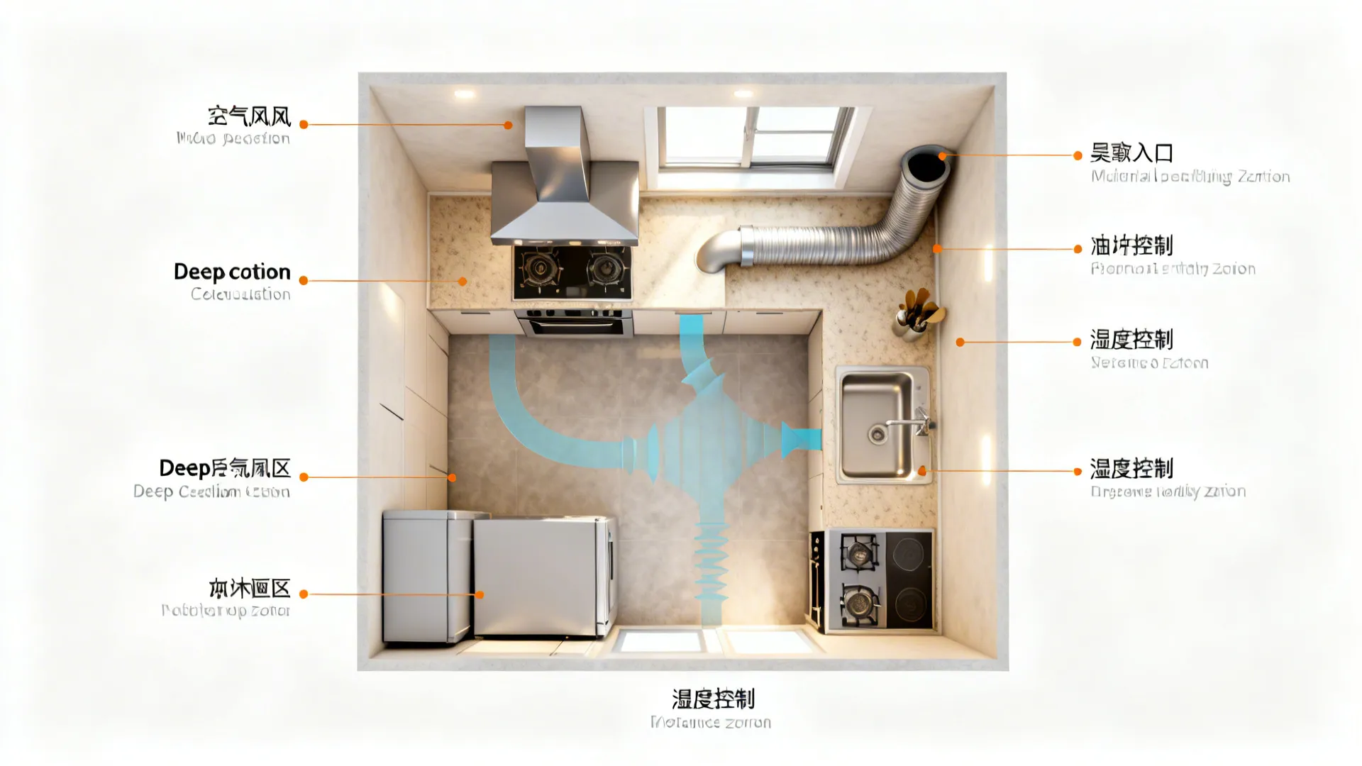 Top-down schematic of kitchen airflow, hood capture, and make-up air
