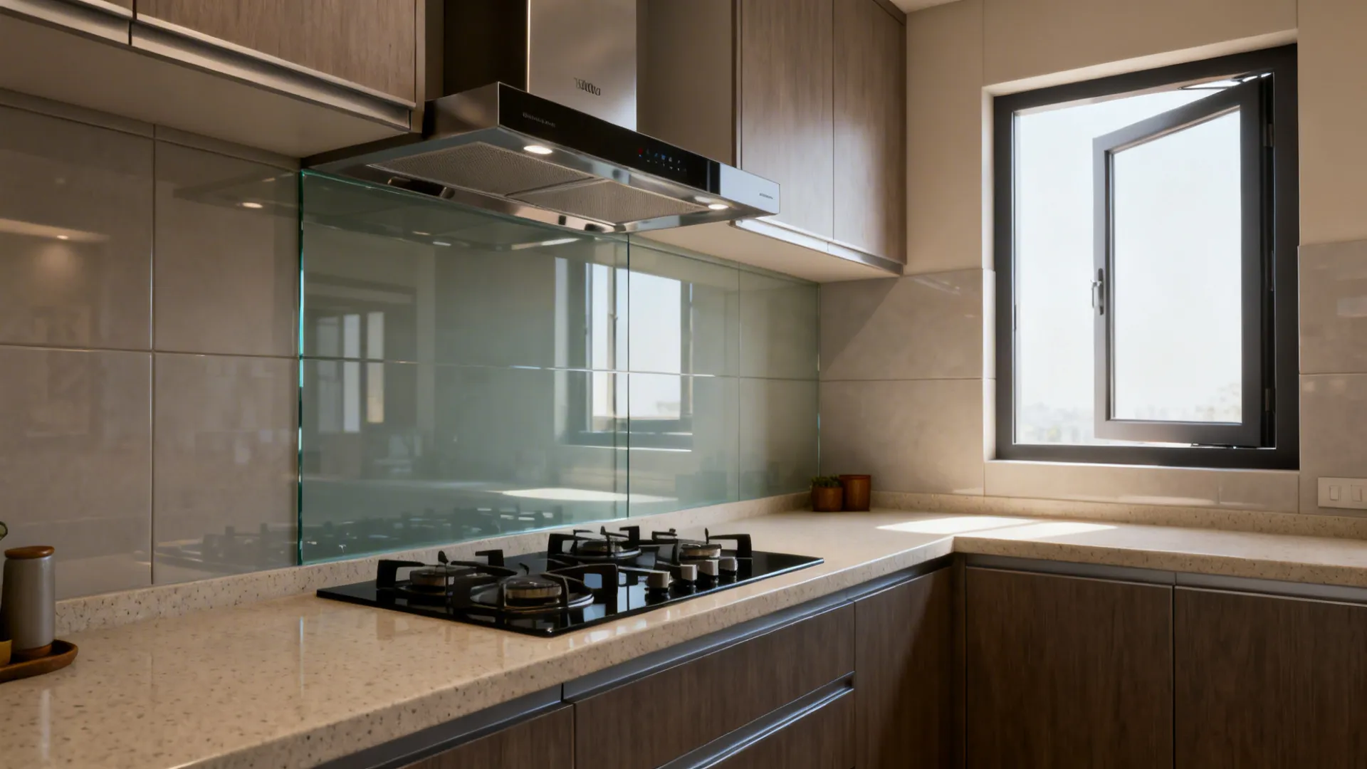 Sleek chimney over a cooktop with a tempered glass backsplash in a small kitchen.